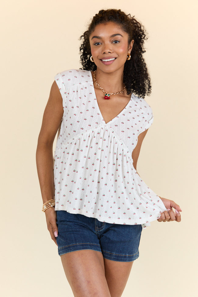 Treasured Times Ivory Cherry Print Oversized Knit Top for Women | Soft Comfortable Loose Fit Blouse | Perfect for Casual Outings, Date Nights & Layering | FINAL SALE