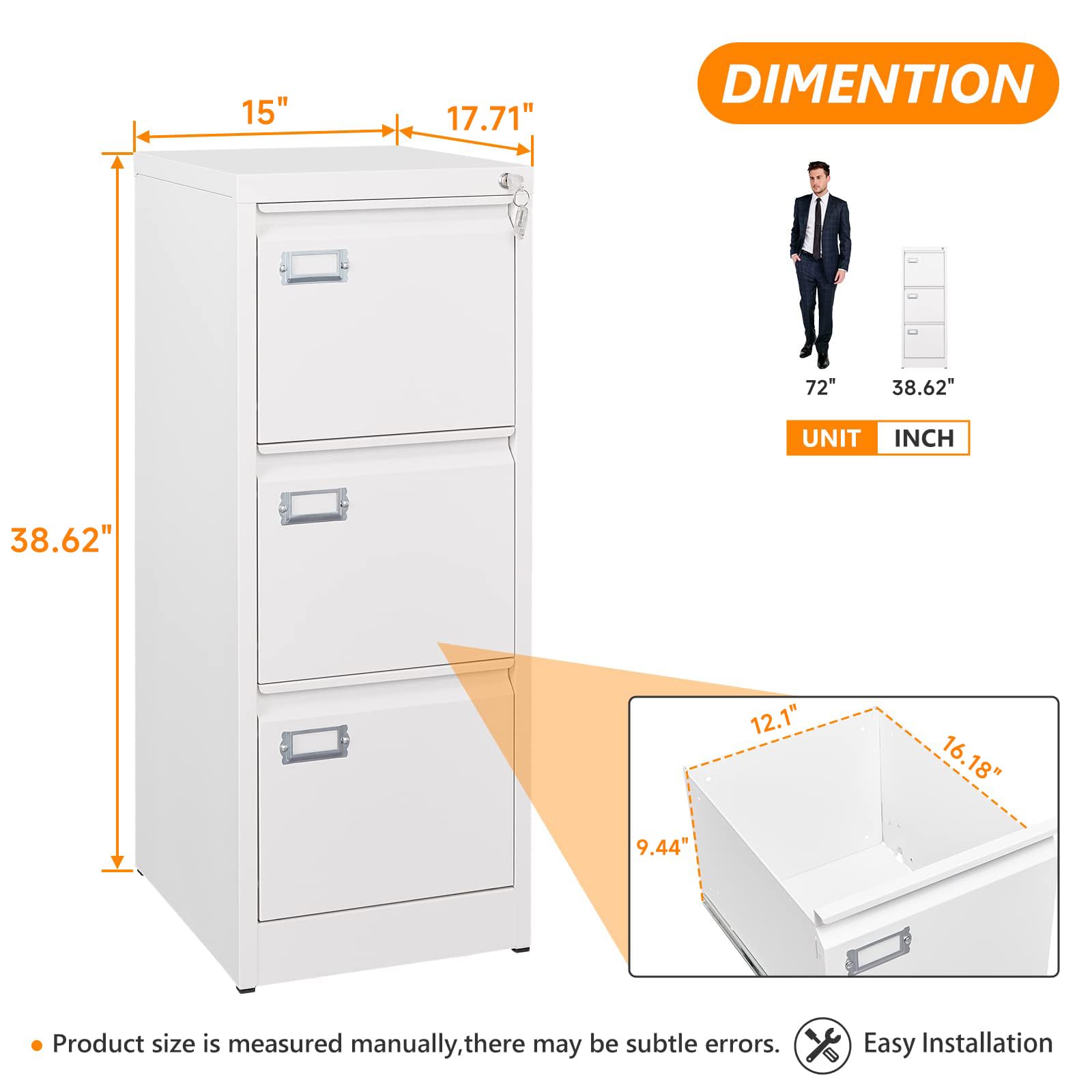 3-Drawer Metal Vertical File Storage Cabinet with Lock - 18