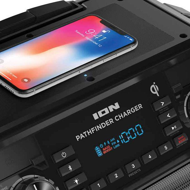 ION Pathfinder Charger - Bluetooth Portable Speaker with Wireless Qi Charging | Waterproof Outdoor Speaker for Camping, Beach & Pool Parties | Perfect for Travel, Hiking & Home Use