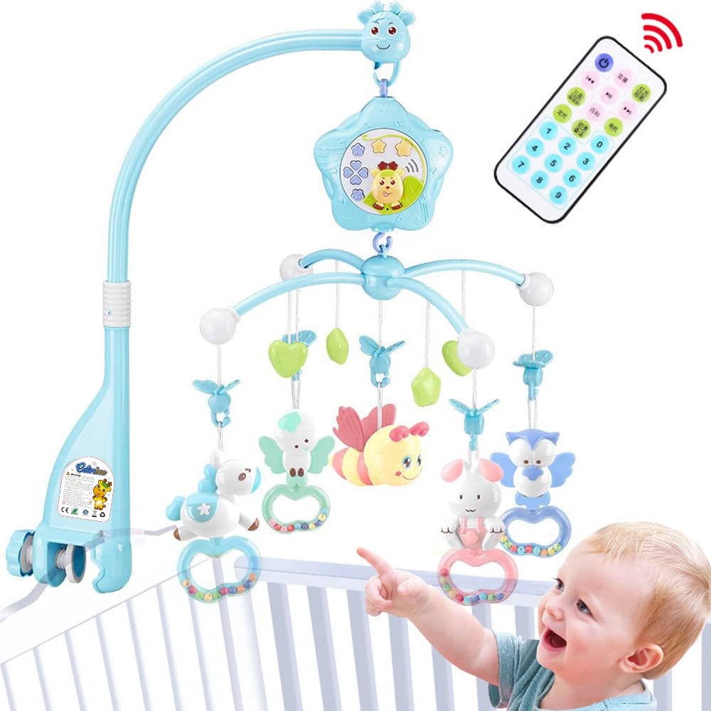 Baby Crib Mobile with Lights & Music, Remote Control, Star Projector - Soothing Nursery Decor for Newborns 0+ Months (Blue Bee Design) | Perfect for Bedtime & Playtime