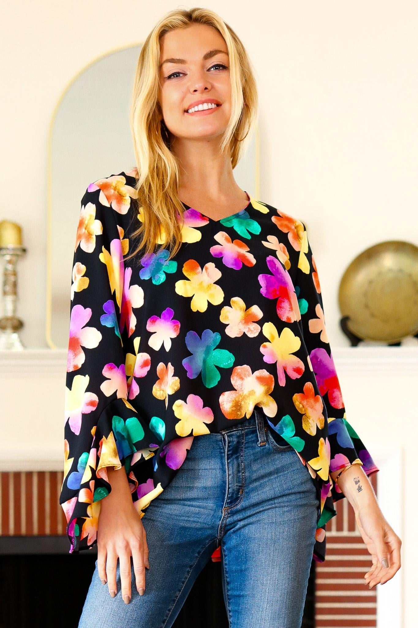 Be Bold Black Floral Hi-Lo Ruffle Sleeve Woven Blouse | Women's Fashion Tops for Party, Date Night & Special Occasions