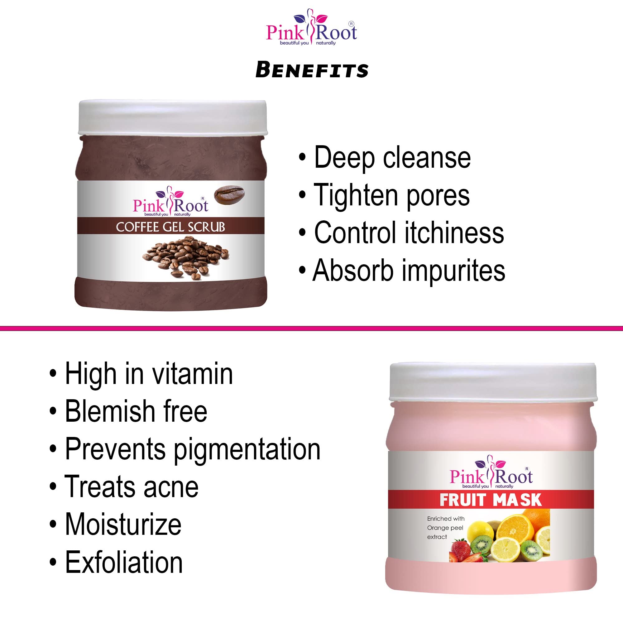 Pink Root Coffee Gel Scrub & Fruit Mask Set - 500gm Each - Exfoliating & Brightening Skincare for Face & Body - Perfect for Spa Day & At-Home Self Care Routine