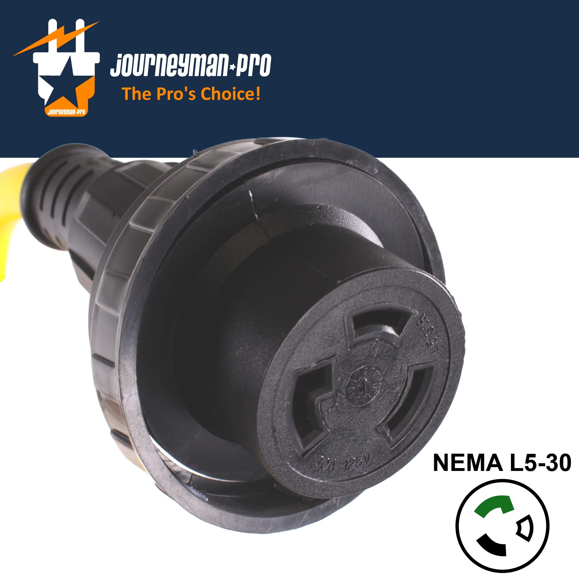 Journeyman-Pro 30A RV Power Extension Cord - 15/25/50 FT Heavy Duty Twist Lock (TT-30P to L5-30R) 125V 30AMP - Safety Yellow with Black Grip Handle & Power Indicator - Perfect for RV Camping, Outdoor Events & Emergency Power Backup (50 Feet)