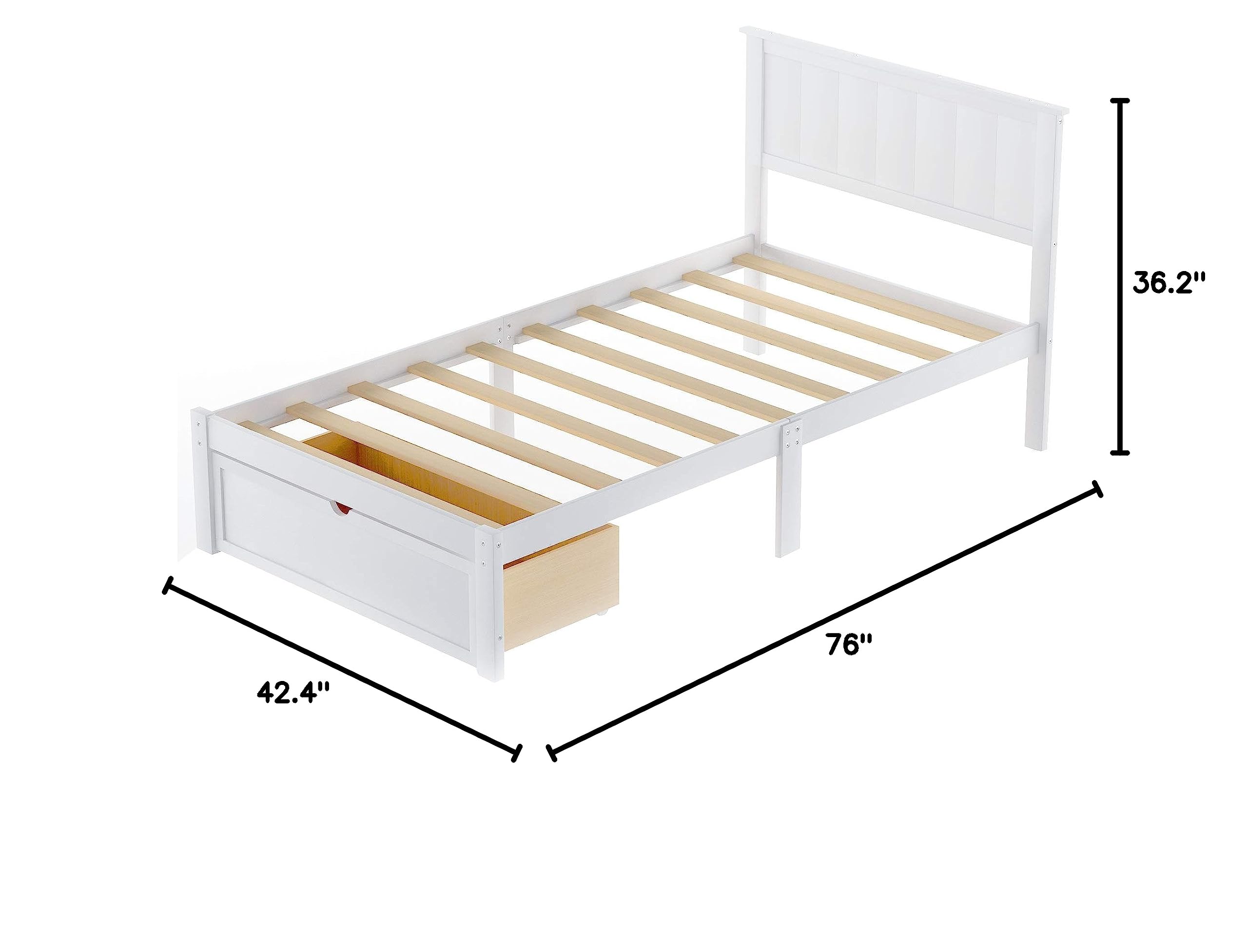 Twin Size White Platform Bed Frame with Under-Bed Storage Drawer - Space Saving Bedroom Furniture for Small Rooms & Apartments