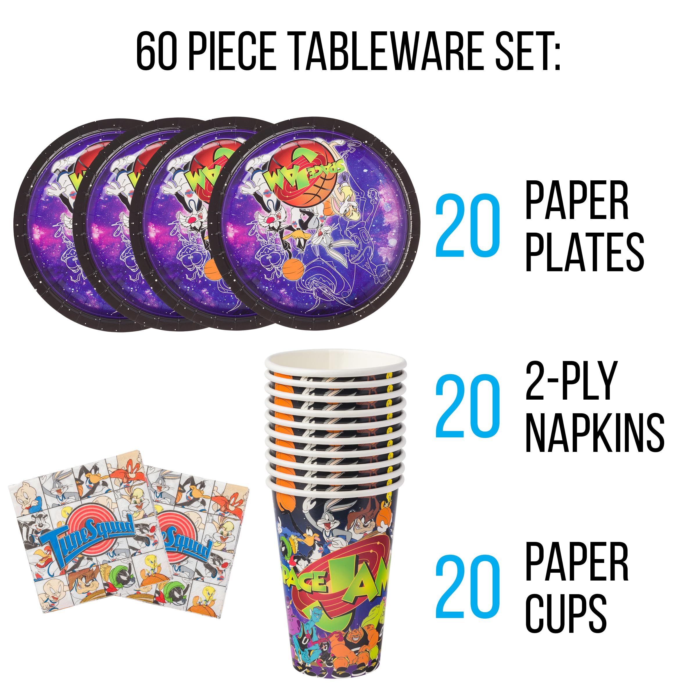Silver Buffalo Space Jam Toons & Monsters 60-Piece Party Pack Set - Paper Plates, Cups & Napkins for Birthday, Baby Shower & Themed Celebrations