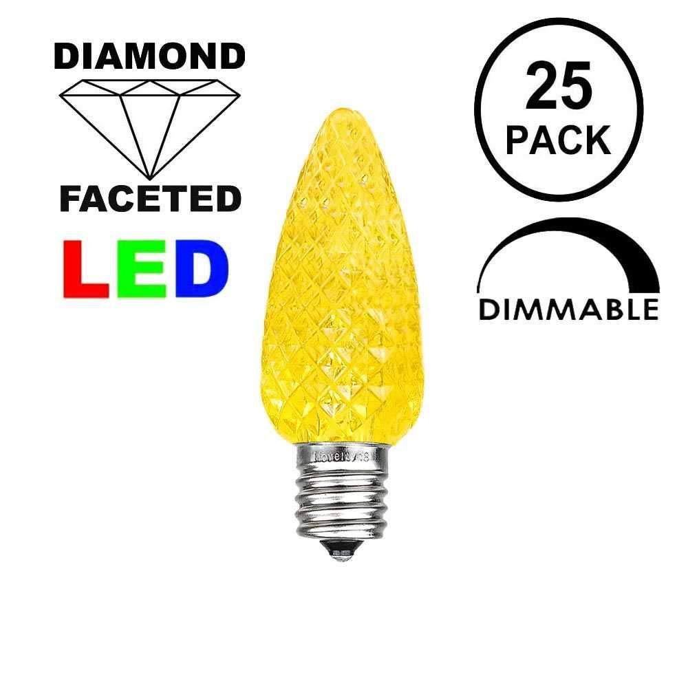 25PK C7 LED Faceted Ultra Bright Dimmable Christmas Light Bulbs - Yellow Outdoor String Lights for Holiday Decorations, Tree Lighting & Patio Illumination