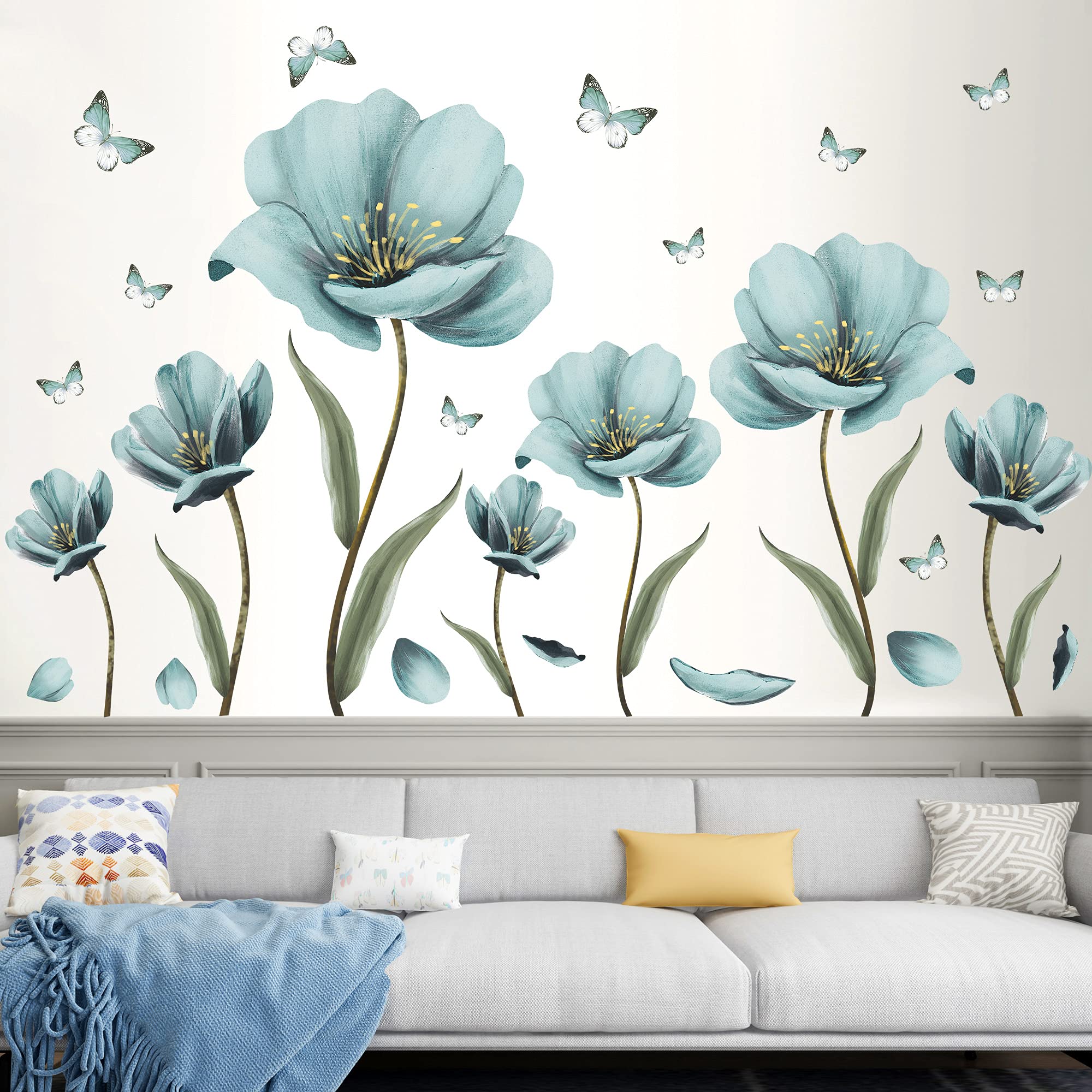 Creative Removable 3D Nursery Flower Wall Decals - DIY Romantic Floral Butterfly Leaf Wall Stickers - Kids Room Decor for Girls Bedroom, Living Room & Home - Light Green Wall Art Murals - Perfect for Nursery Decor, Baby Shower Gifts & Home Interior Design