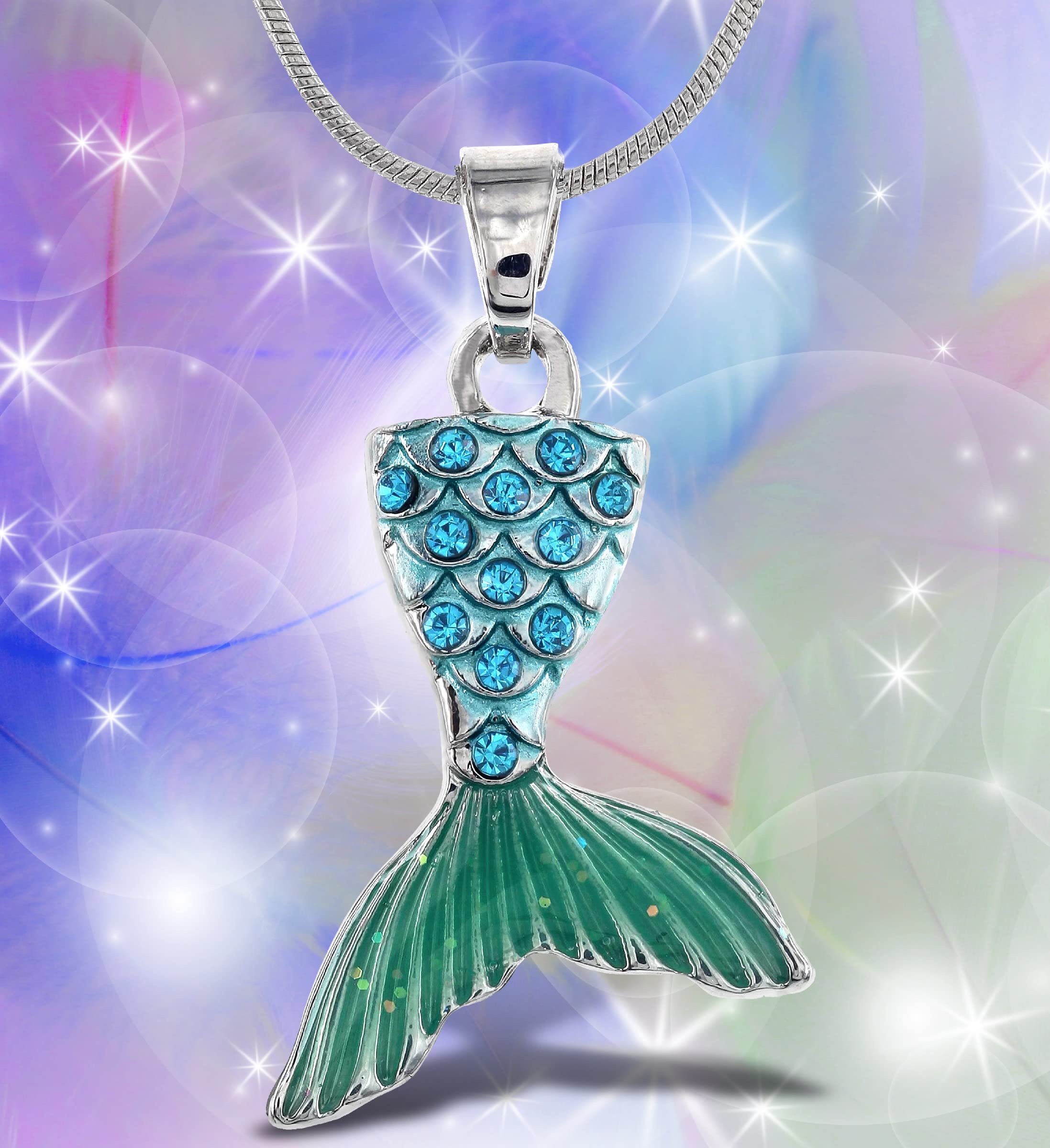 Sparkling Silver Mermaid Tail Crystal Pendant Necklace - Elegant Ocean Jewelry with 18