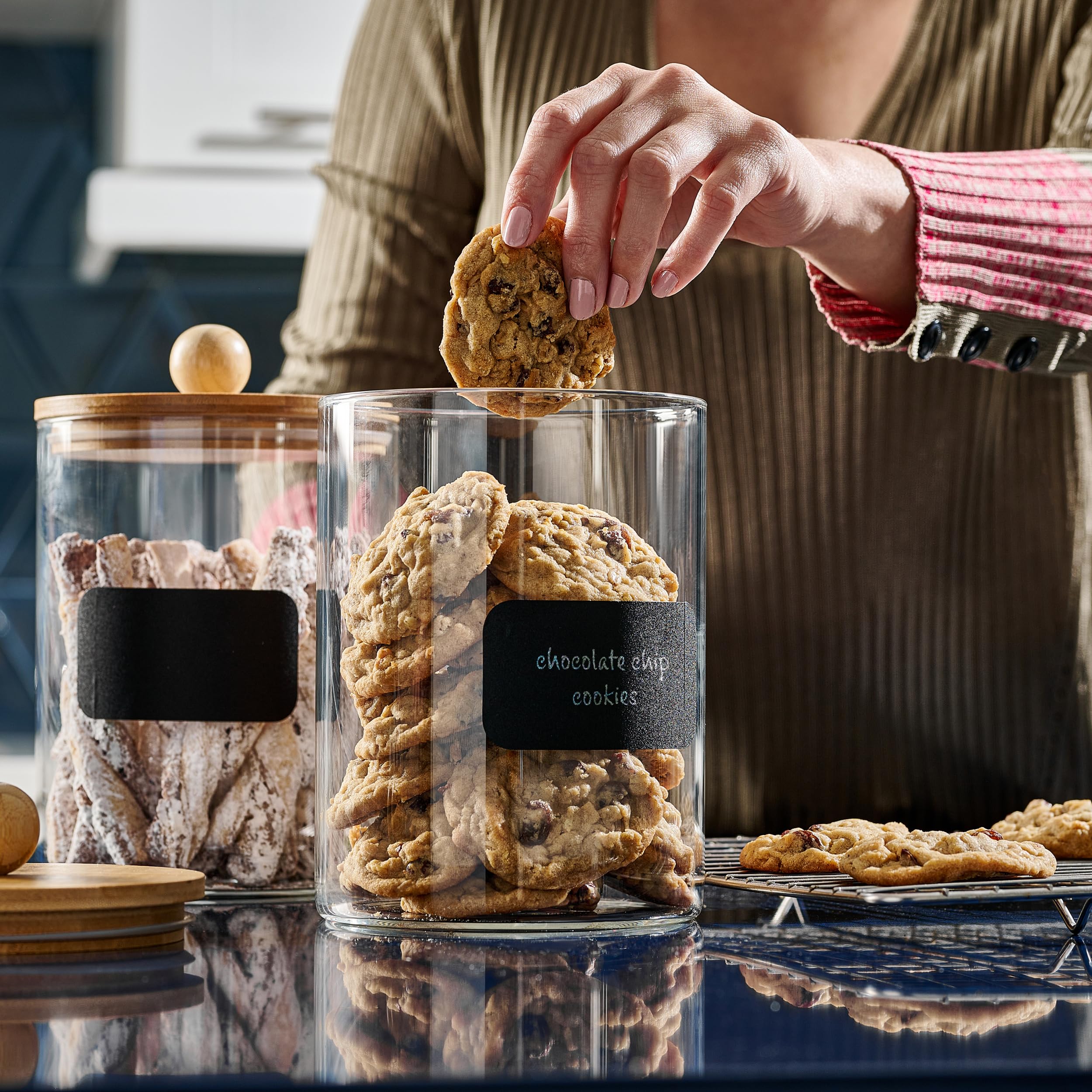 2-Pack 68oz Airtight Glass Canisters with Bamboo Lids - Food Storage Containers for Kitchen Pantry, Flour, Pasta, Coffee, Candy & Pods | Includes Chalk Marker & Labels | Perfect for Countertop Organization & Bulk Food Storage