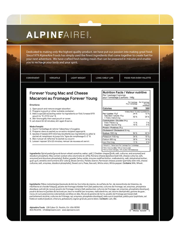 AlpineAire Forever Young Mac and Cheese - Freeze Dried Pasta Meal for Camping, Hiking & Emergency Food Storage - Ready to Eat Backpacking & Survival Food