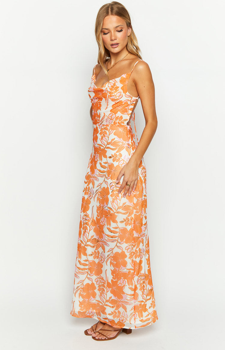 Cambri Orange Floral Chiffon Maxi Dress - Elegant Summer Beach Wedding Party Dress for Women