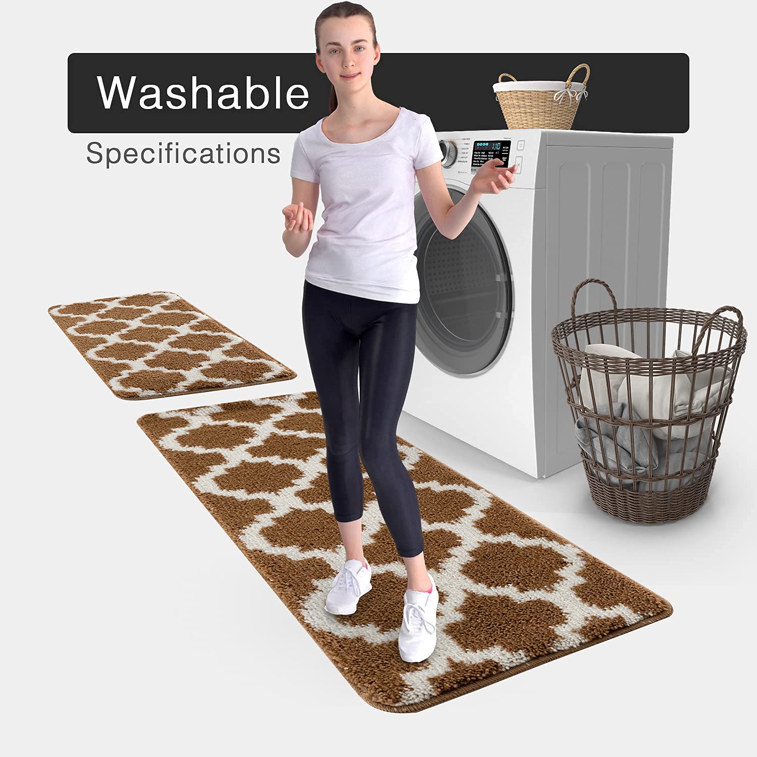 Wunderlin Soft Trellis Non-Slip Washable Kitchen Runner Rugs Set of 2 - Brown, Anti-Skid Floor Mat for Kitchen, Dining Room & High Traffic Areas