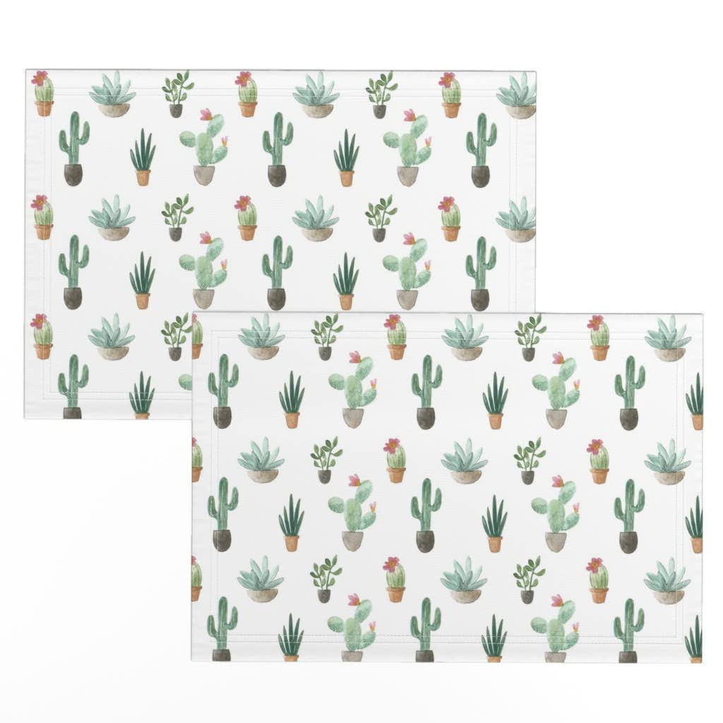 Linen Cotton Canvas Placemats Set of 2 - Minimalist Watercolor Cactus & Succulent Bohemian Print Table Mats | Eco-Friendly Dining Decor for Kitchen, Boho Dinner Party & Home Styling