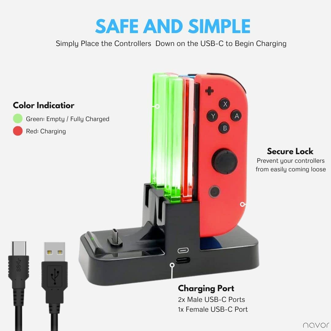 Navor Controller Dock Stand - Joy-Con & Pro Controller Charging Dock for Nintendo Switch - Fast USB-C Charging Station with LED Indicators - Perfect for Gaming, Multiplayer & Travel Accessories