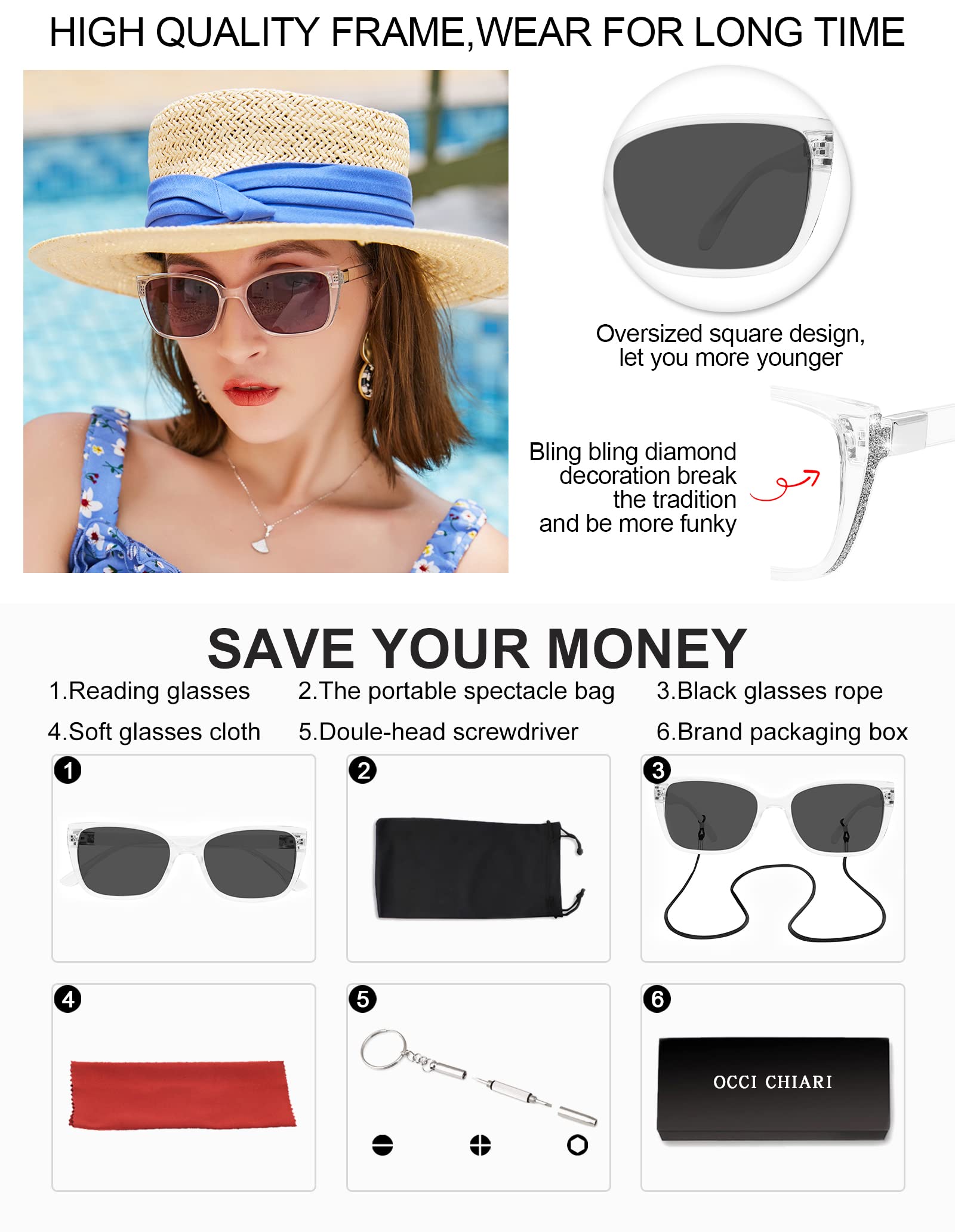 OCCI CHIARI Women's Oversized Blue Light Blocking Sunglasses UV400 Protection (1.0-3.5 Strength) for Reading, Driving & Outdoor Activities