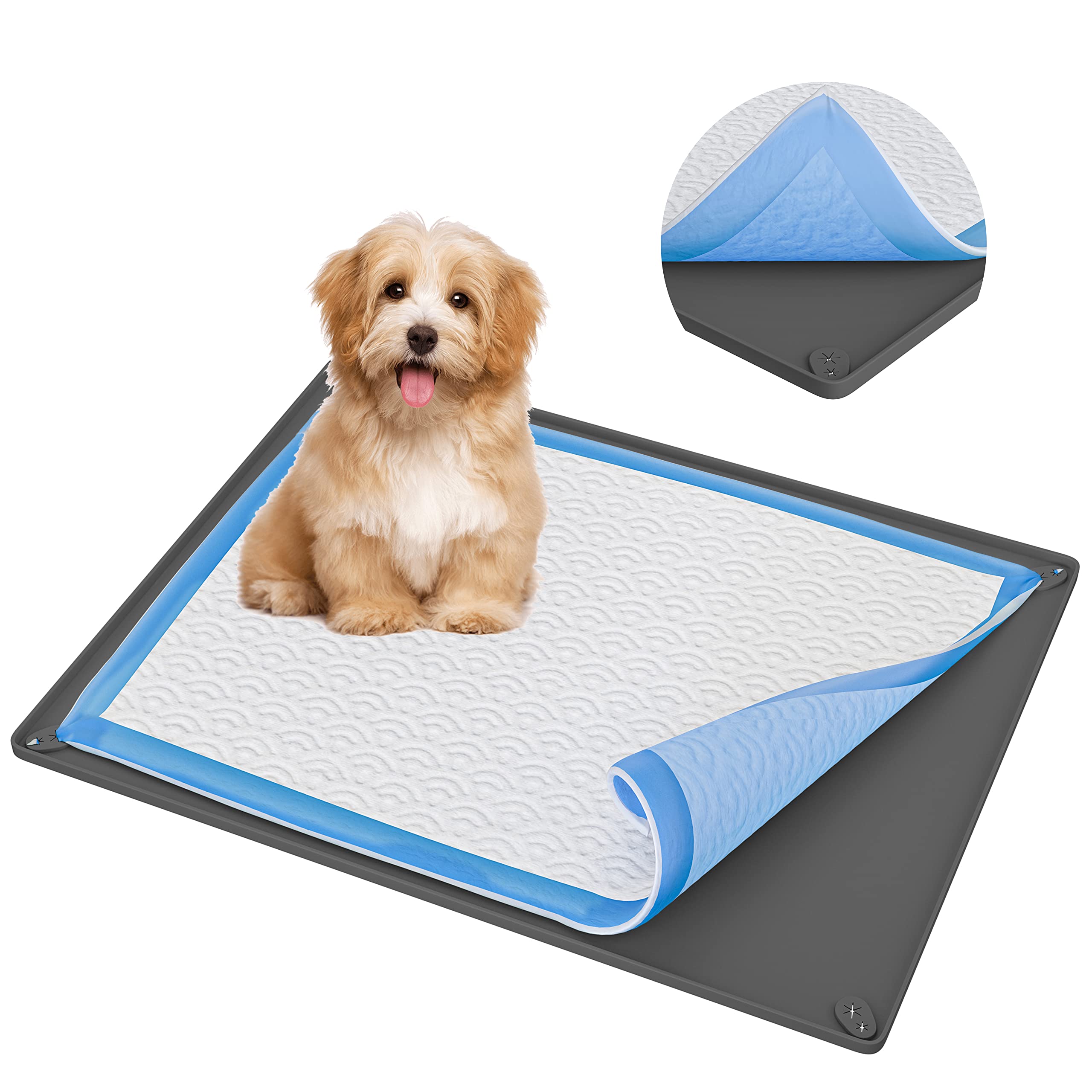 Skywin 28x30 Inch Non-Slip Silicone Pee Pad Holder for Dogs - Leak Proof Puppy Training Pad Tray with Easy Clean Design (Grey, 1 Pack) | Perfect for Crate Training, Housebreaking & Pet Accidents