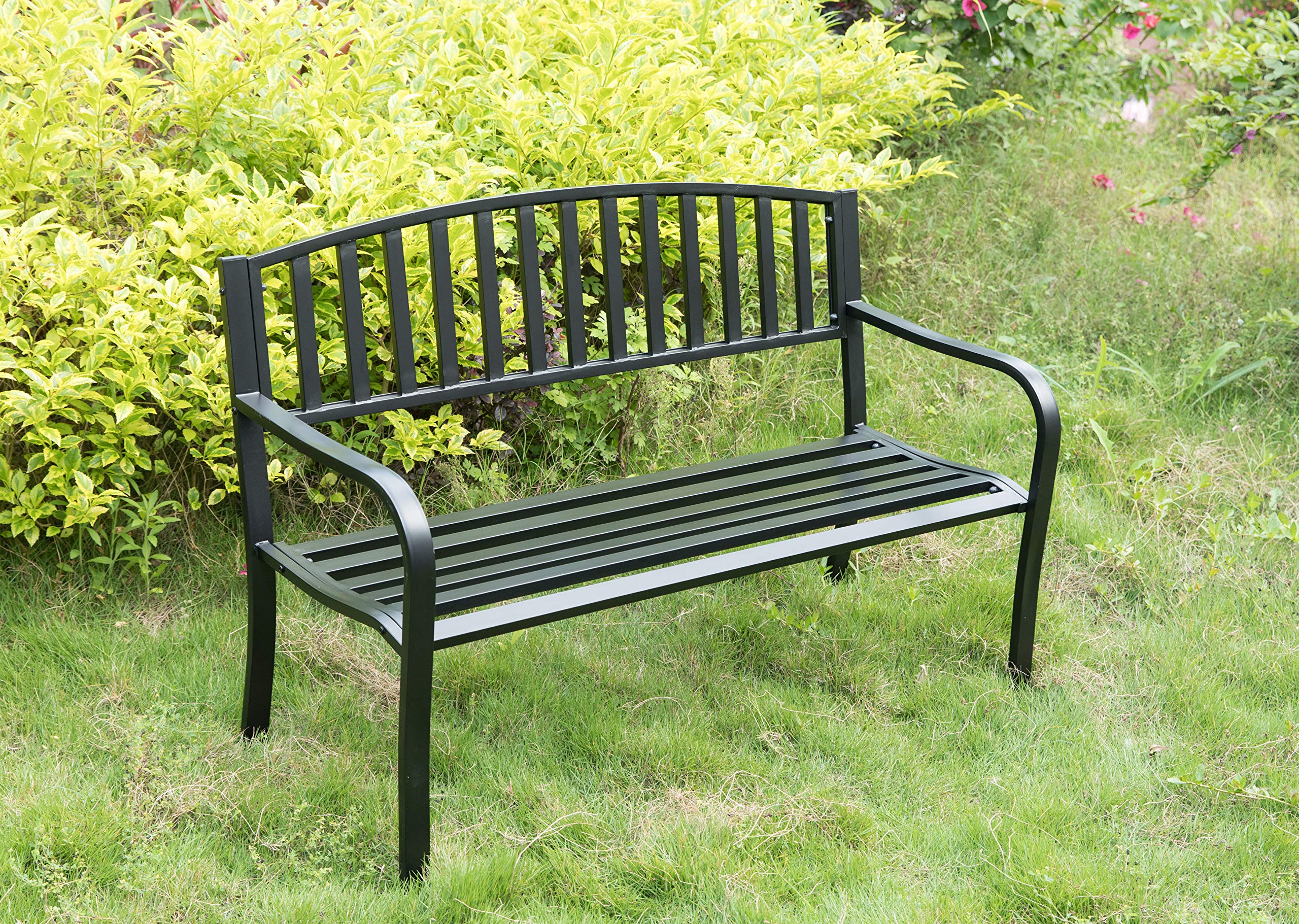 Gardenised QI003773 Heavy-Duty Steel Garden Bench with Cast Iron Frame - Black Outdoor Seating for Patio, Lawn, Yard, Balcony & Deck | Perfect for Relaxing in Gardens, Parks & Outdoor Spaces