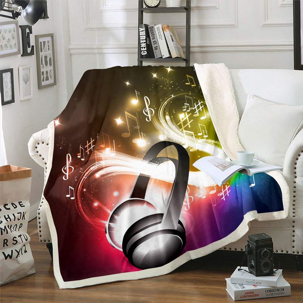 Erosebridal Sherpa Headphone Blanket Twin Size - Musical Note Plush Throw Blanket for Kids, Boys, Girls & Teens - Rock Hip Hop Grunge Style - Soft Flannel Bed Blanket with Headset Design - Luxury Bling Decorative Blanket for Sofa, Couch & Bedroom - Perfect for Music Lovers, Winter Warmth & Cozy Home Decor