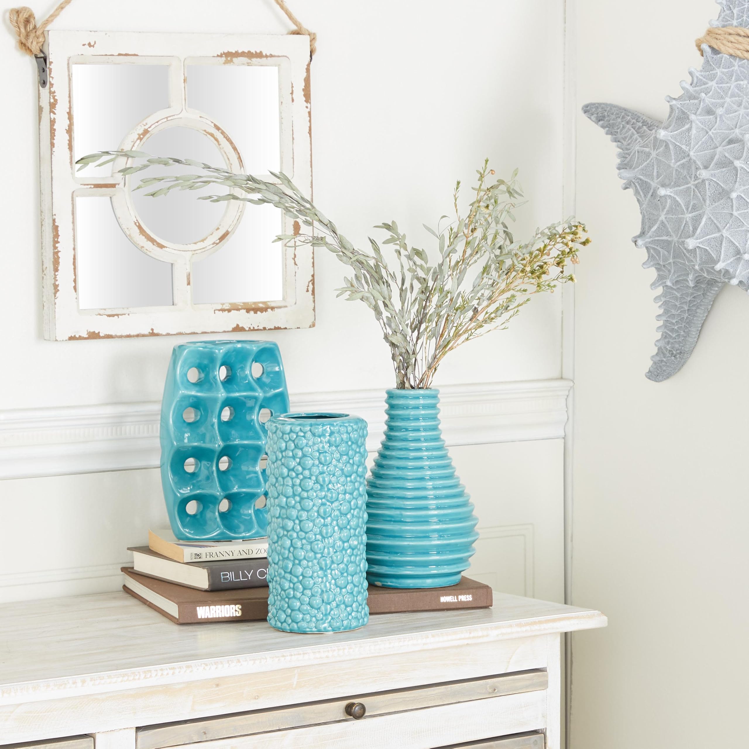Deco 79 Ceramic Vase Set of 3 - Blue Handcrafted Home Decor Centerpiece with Unique Patterns (5