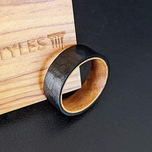 8mm Titanium Whiskey Barrel Wedding Band for Men - Hammered Black Wooden Ring - Unique Wood & Metal Mens Jewelry - Perfect for Grooms, Anniversaries & Whiskey Lovers