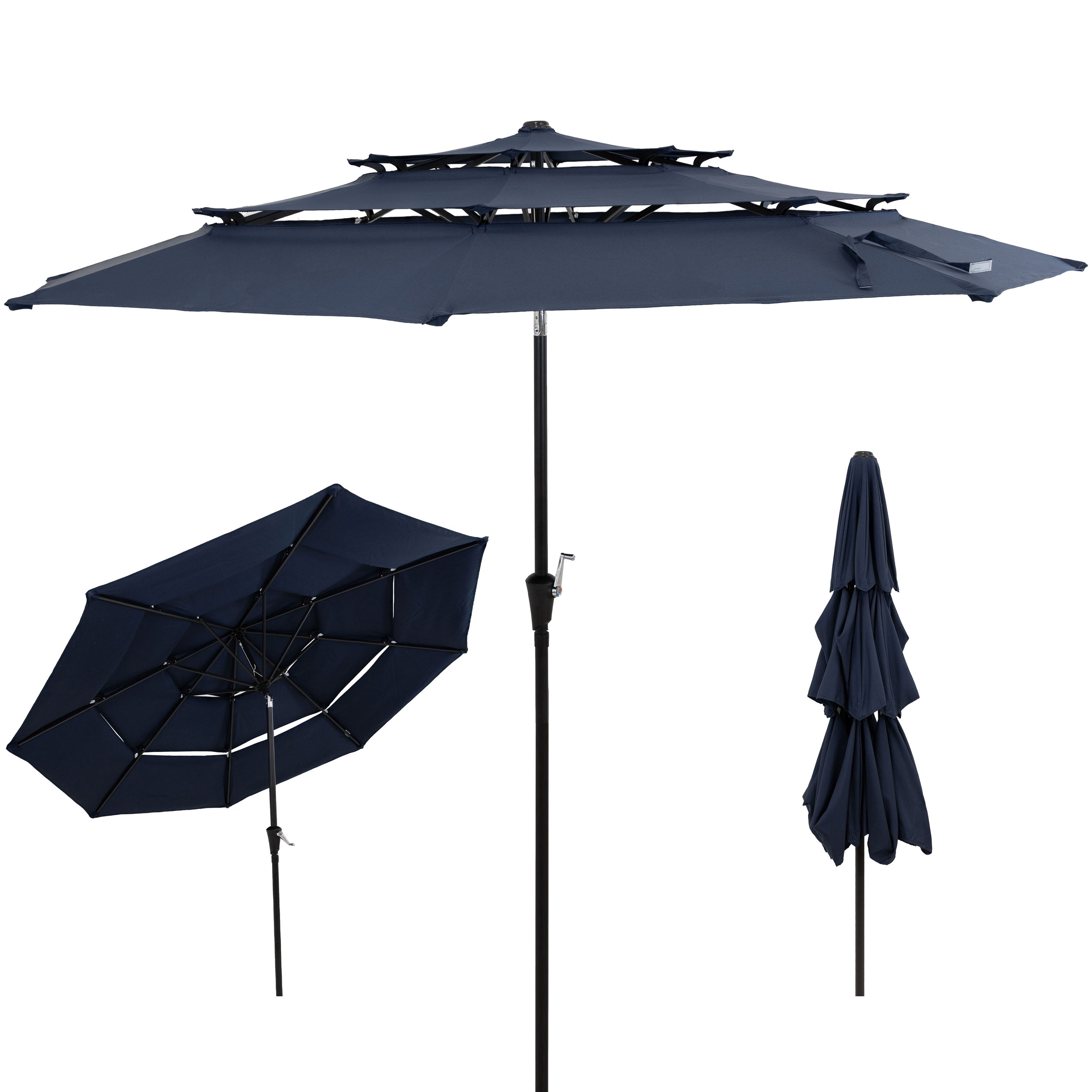 10 ft 3-Tier Large Outdoor Patio Umbrella with Tilt & Crank - Navy Blue Sun Shade for Poolside, Backyard, and Beach Relaxation