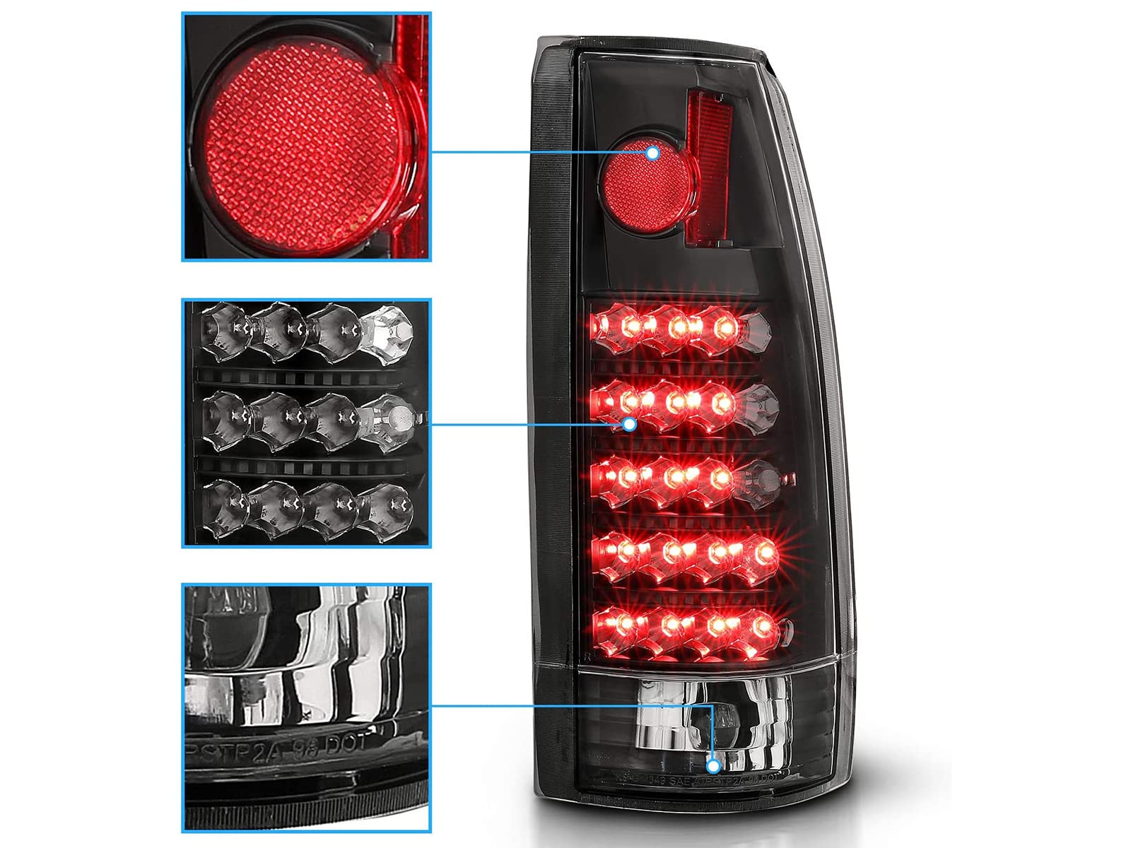 AmeriLite LED Tail Lights Assembly Pair - Black Housing for 1988-1999 Chevy GMC C/K Pickup Truck, Tahoe, Suburban (Driver & Passenger Side) | Durable Replacement Lights for Night Driving & Enhanced Safety