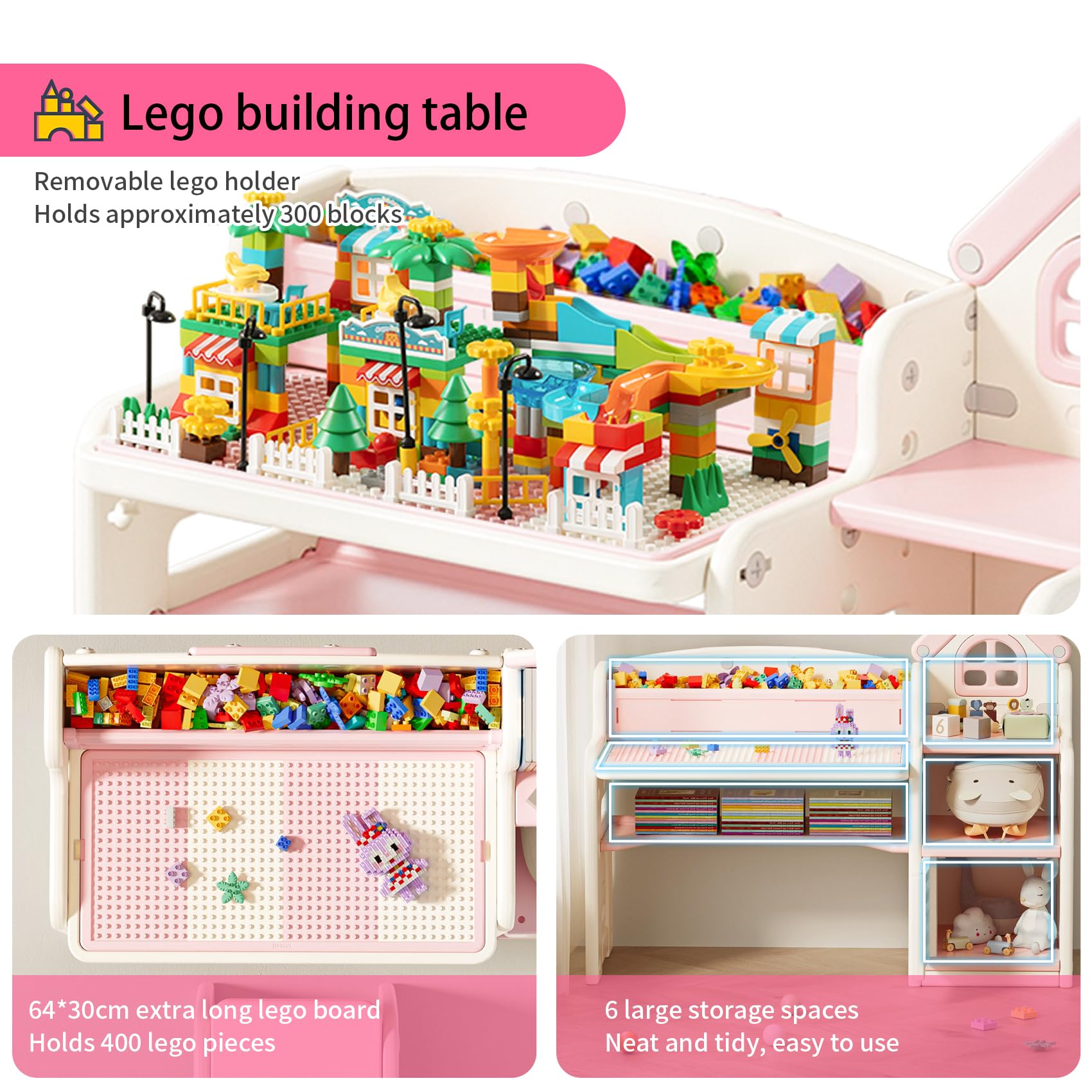 UNICOO Kids 3-in-1 Multifunctional Activity Desk - Adjustable Height Learning & Drawing Table with Chair Set (QB-002-P Pink) | Perfect for Homeschooling, Art Projects & Playroom Organization