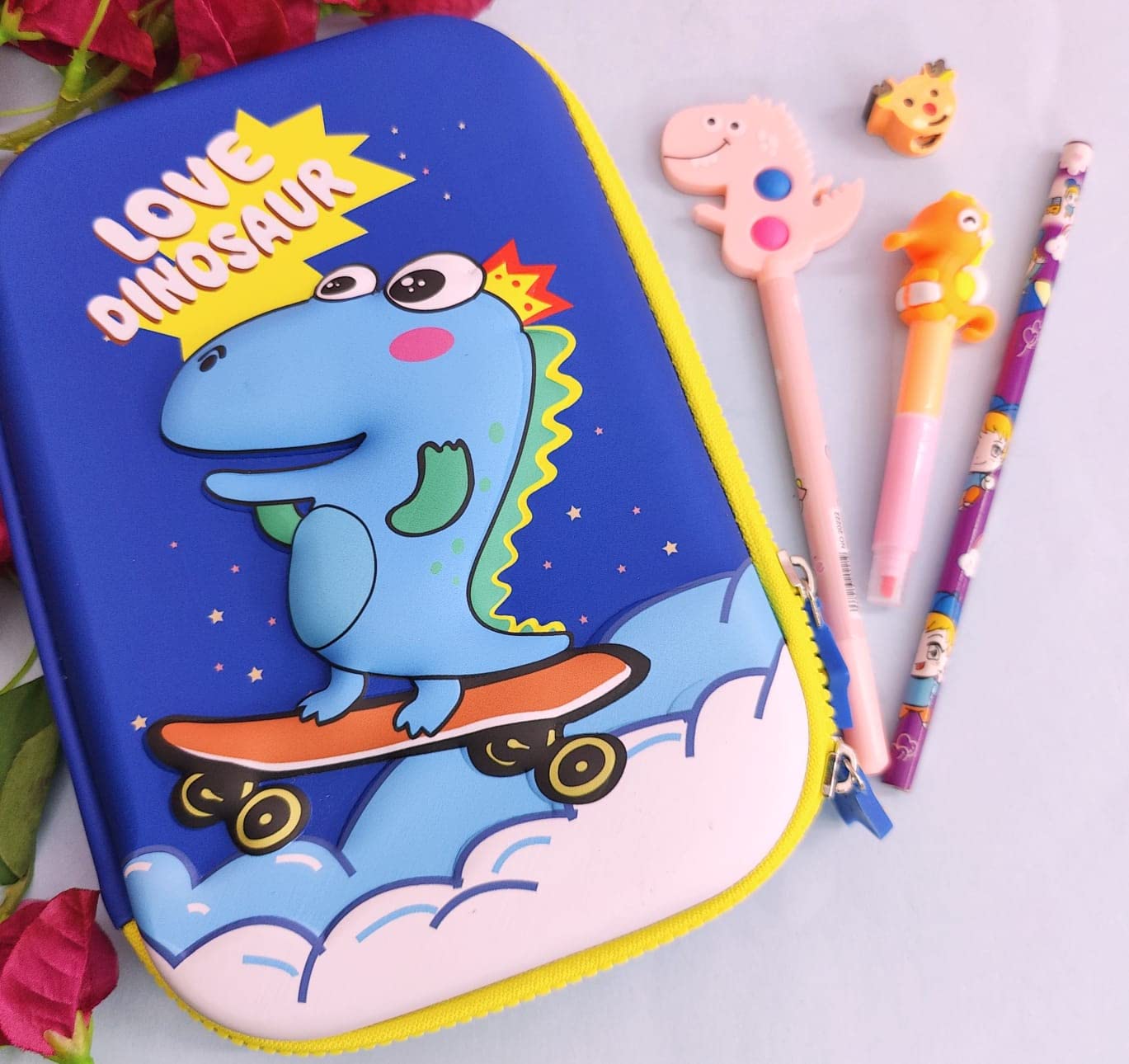 Dinosaur Pencil Box Set - 4-Piece Kids Stationery Combo with Hardtop Pen, Pencil, Eraser & Highlighter for Boys & Girls | Perfect for School, Homework & Return Gifts
