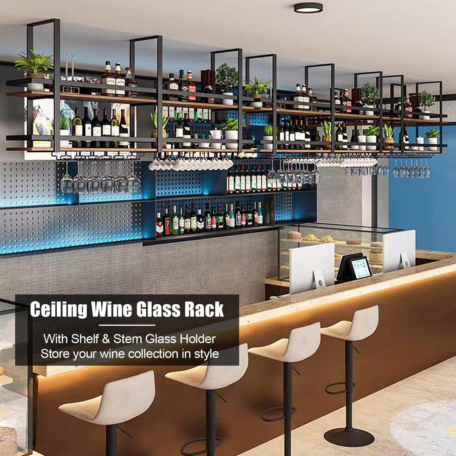 Hanging Wine Glass Rack - Solid Wood Ceiling Wine Shelf with Guard Rails, Wall Mounted Kitchen Storage for Wine Glasses (80x30x80cm) - Perfect for Kitchen, Bar, Loft & Home Decor