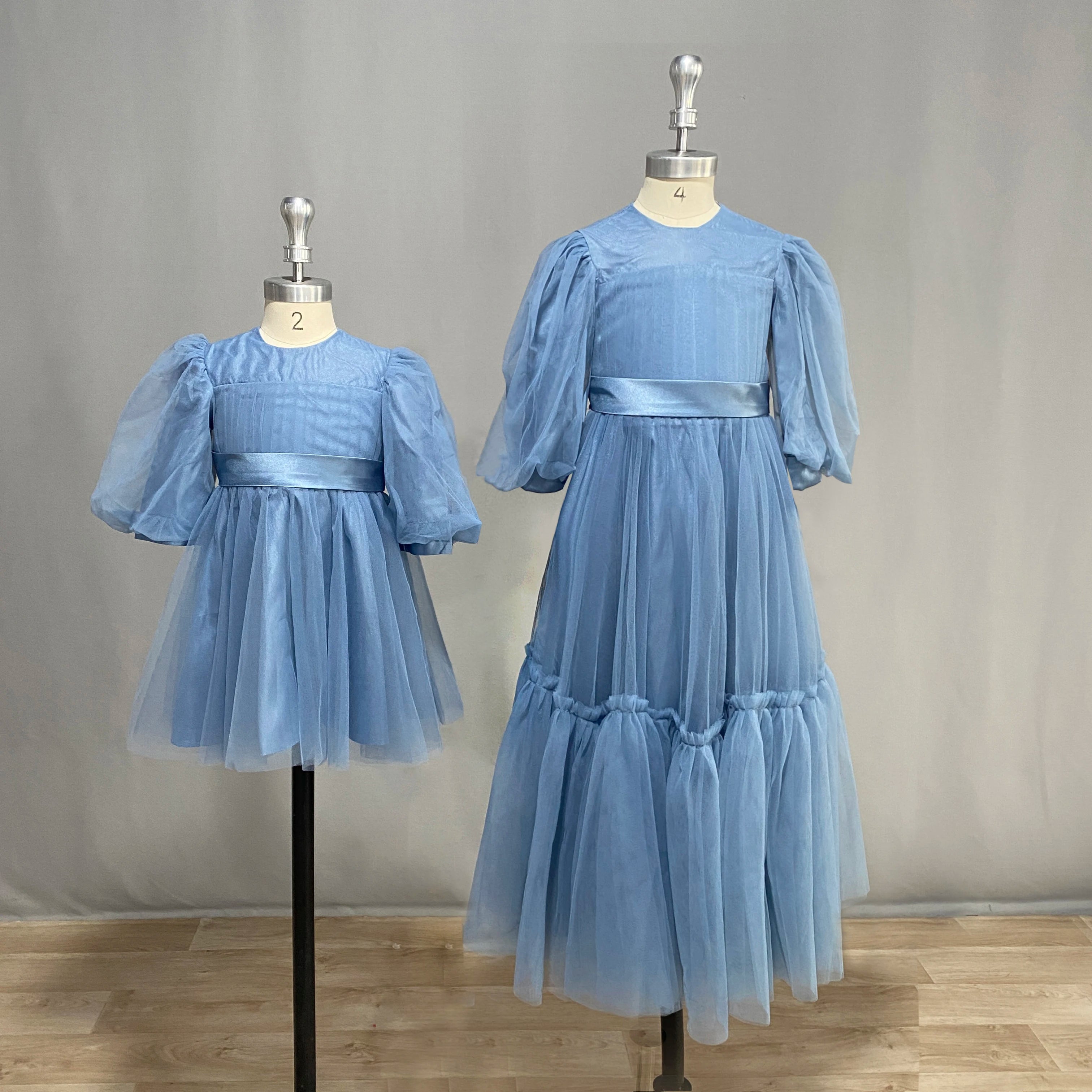Elegant Tulle Flower Girl Dress with Puff Sleeves, Ruffles & Sash - Floor Length Wedding Gown for Bridesmaids & Special Occasions