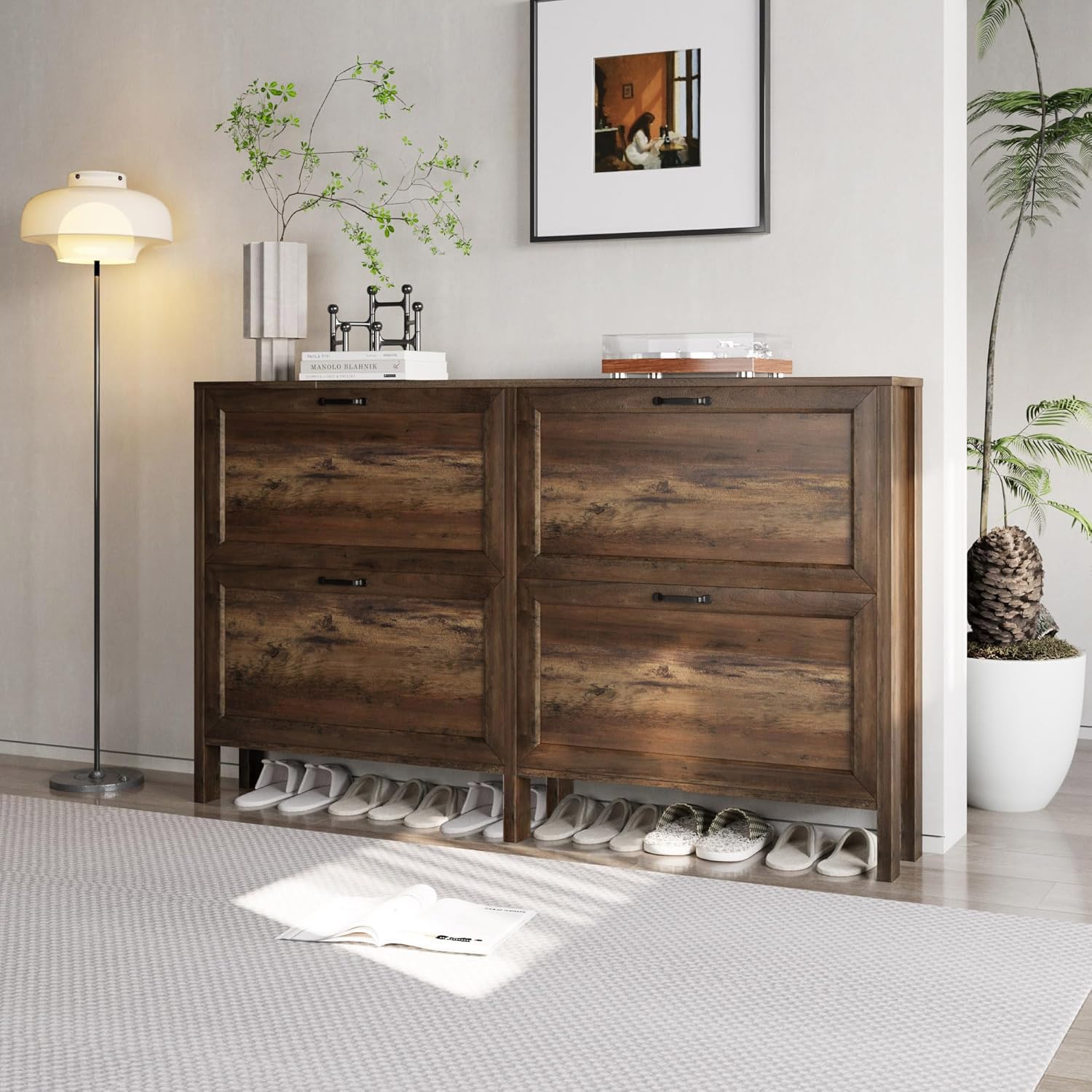 4-Drawer Flip Shoe Cabinet Organizer - Narrow Freestanding Shoe Storage for Entryway & Hallway - Hidden Shoe Rack with Space-Saving Design - Perfect for Small Spaces, Apartments & Closet Organization (Brown)