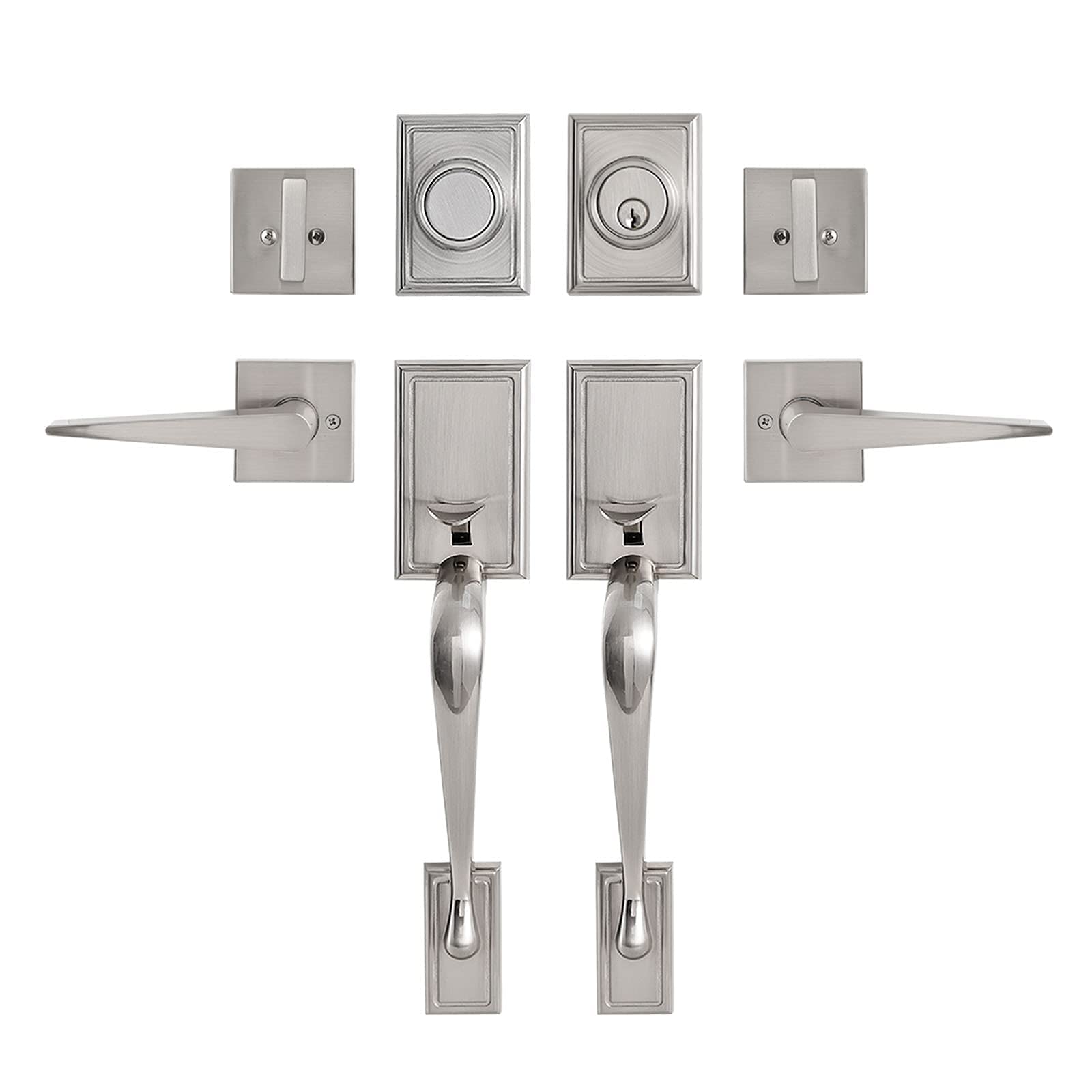 Heavy Duty Double Door Handleset with Dummy Handle - Satin Nickel Front Entry Lever Lock Set S117 for Home & Office Security | Perfect for Front Doors, Bedrooms, and Office Entrances