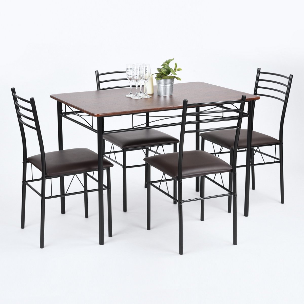 5-Piece Dining Room Table Set with Metal Frame & Wooden-Texture Surface - Modern Kitchen Breakfast Furniture Set with 4 Upholstered Chairs - Perfect for Small Spaces, Apartments & Family Meals