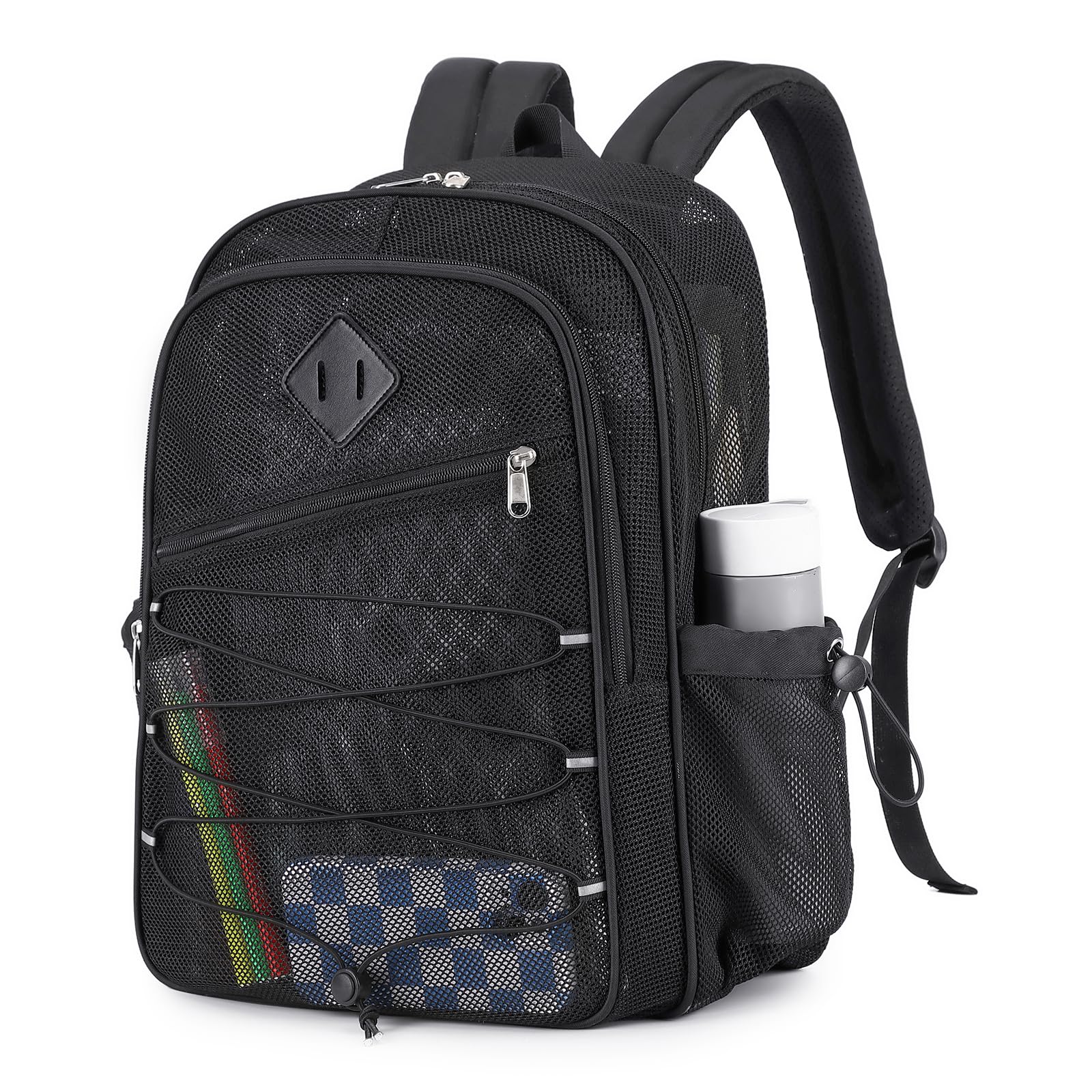 MOONBABY Heavy Duty Mesh Backpack for Boys - Transparent School Backpack with Breathable Design - Perfect for Swimming, Beach, Sports, Work & Travel - Durable See-Through Bookbag for School, Gym & Outdoor Activities (Black)