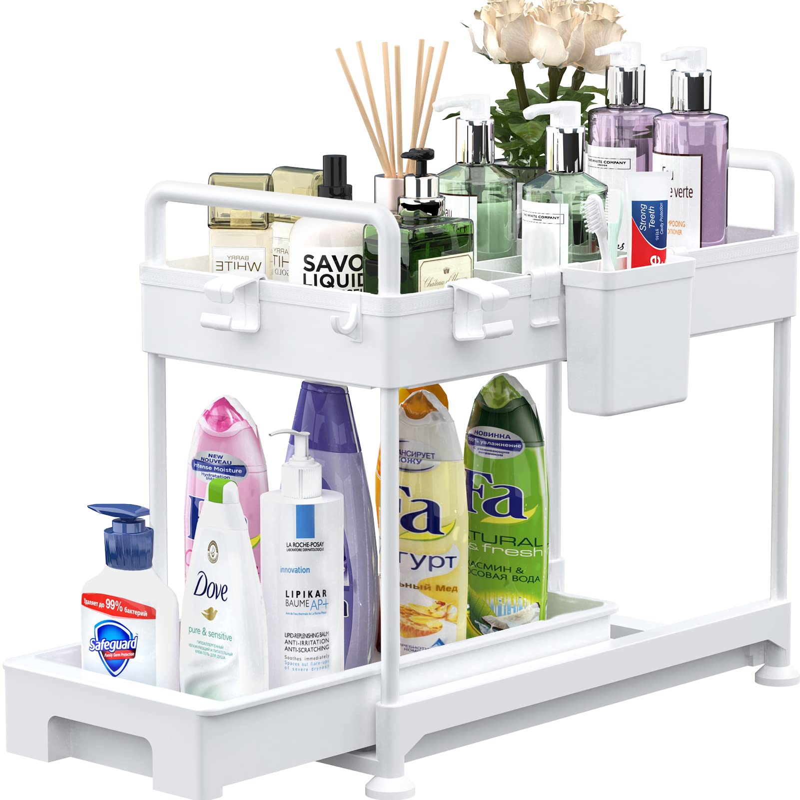 2-Tier Under Sink Organizer with Hooks & Hanging Cup - White | Multi-Purpose Sliding Storage Shelf for Kitchen & Bathroom Cabinets | Space-Saving Solution for Sponges, Cleaning Supplies & Toiletries