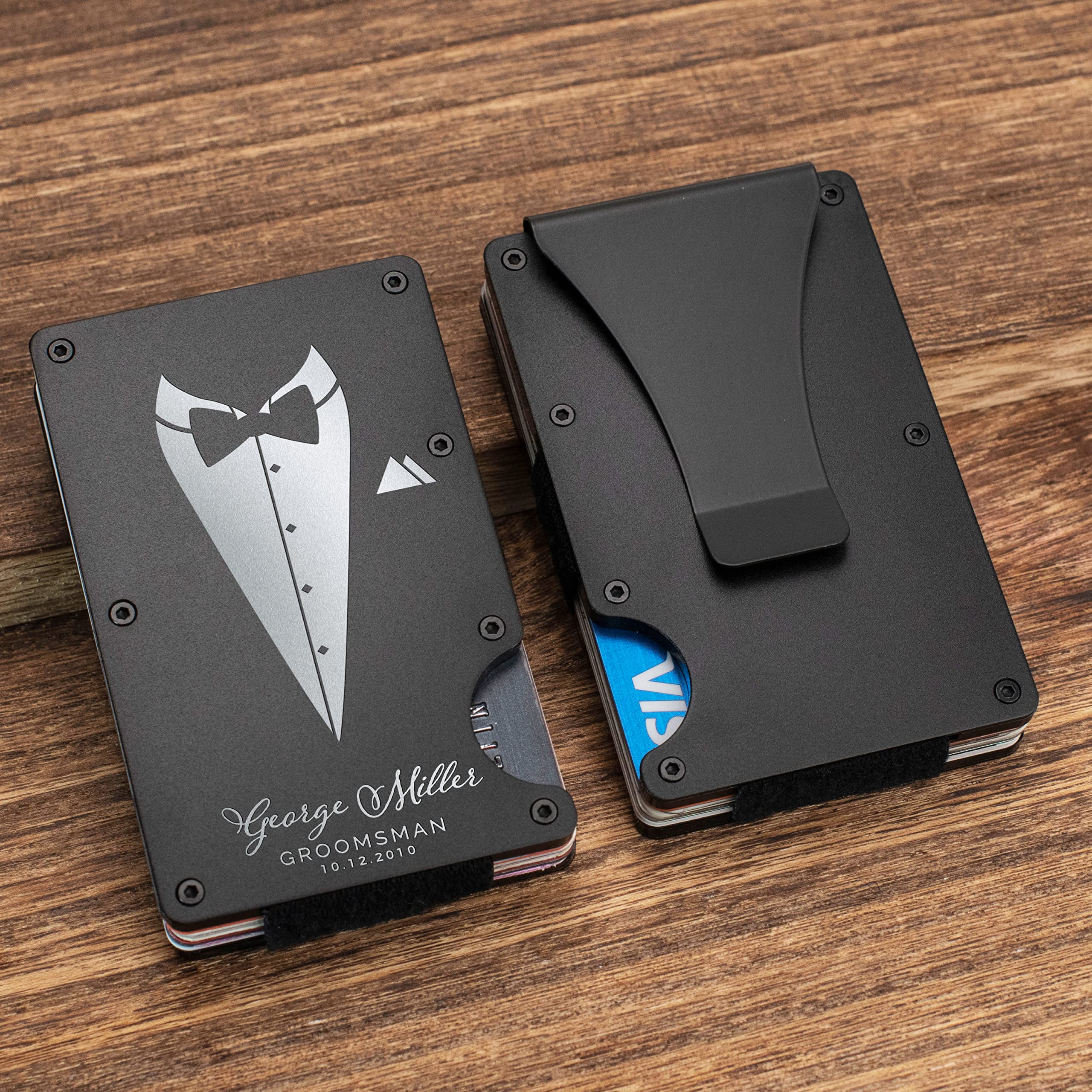 Premium Personalized Groomsmen Gift Set of 6 - Custom Engraved Wallet & Proposal Box for Wedding Party - Best Man & Groomsmen Accessories - Perfect for Bachelor Parties, Wedding Proposals & Thank You Gifts