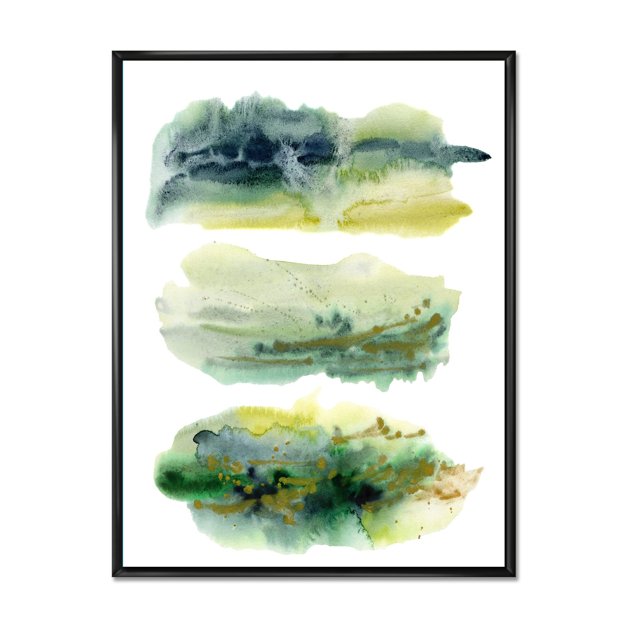 DesignQ Golden Green Abstract Clouds With Blue Points - Modern Framed Canvas Wall Art Print for Living Room, Bedroom & Office Decor