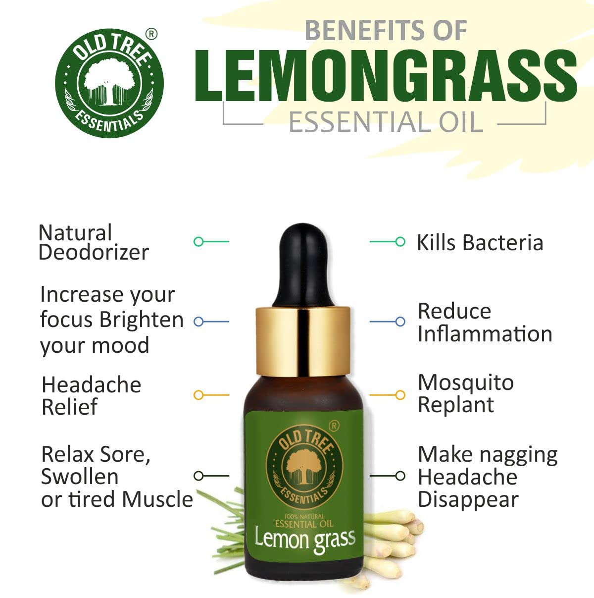 Pure Natural Old Tree Lemongrass Essential Oil 15ml - Undiluted for Skin Care, Hair Growth, Aromatherapy & Insect Repellent - Therapeutic Grade with Glass Dropper - Perfect for Diffusers, Massage & DIY Beauty Products