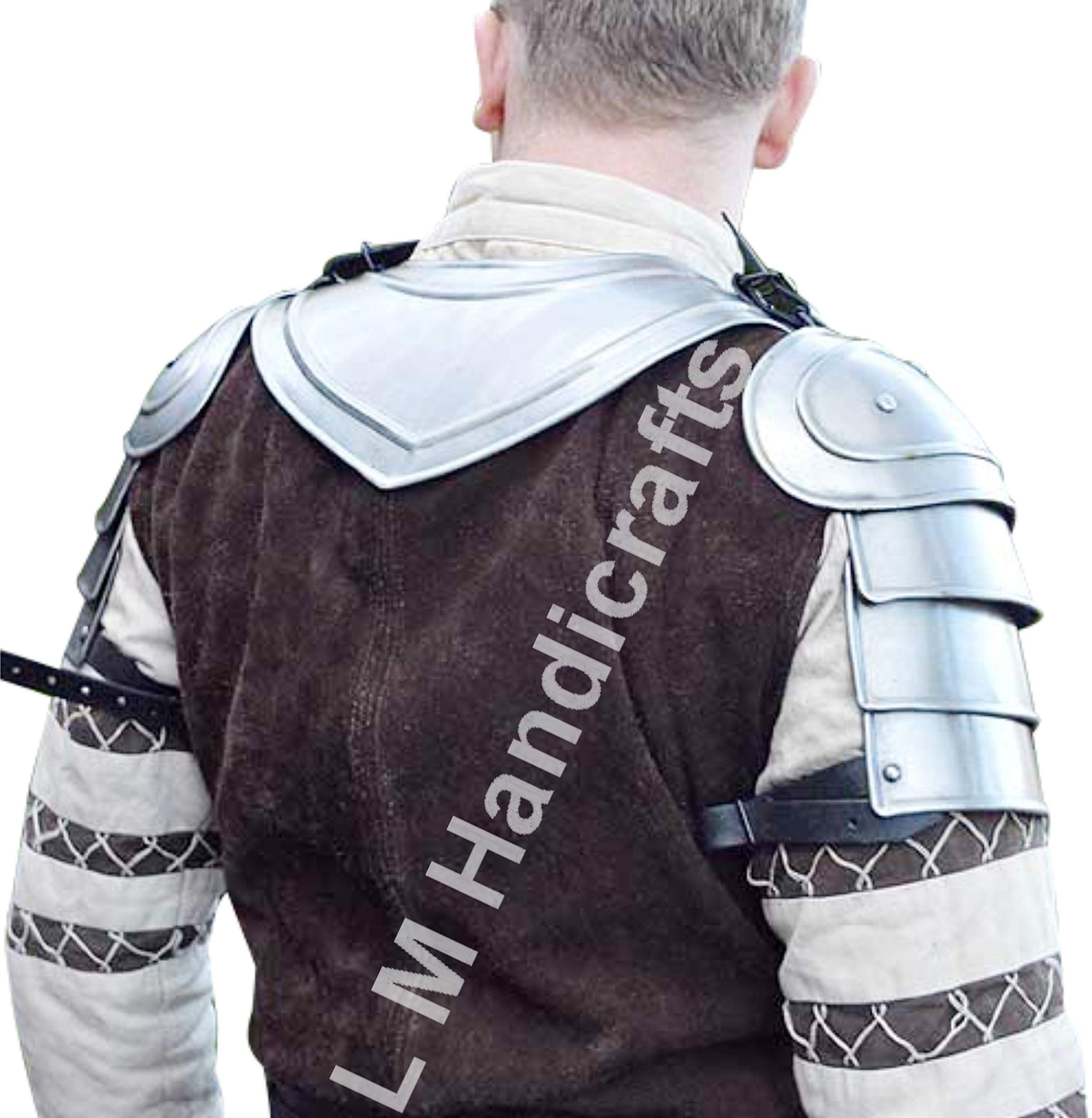 L M Handicrafts Medieval Adam Shoulder & Neck Plates Armor Costume - Silver Burgonet Barbuta Helmet for German Crusader & Spanish Knight Reenactment | Renaissance Fairs, Cosplay & Historical Events
