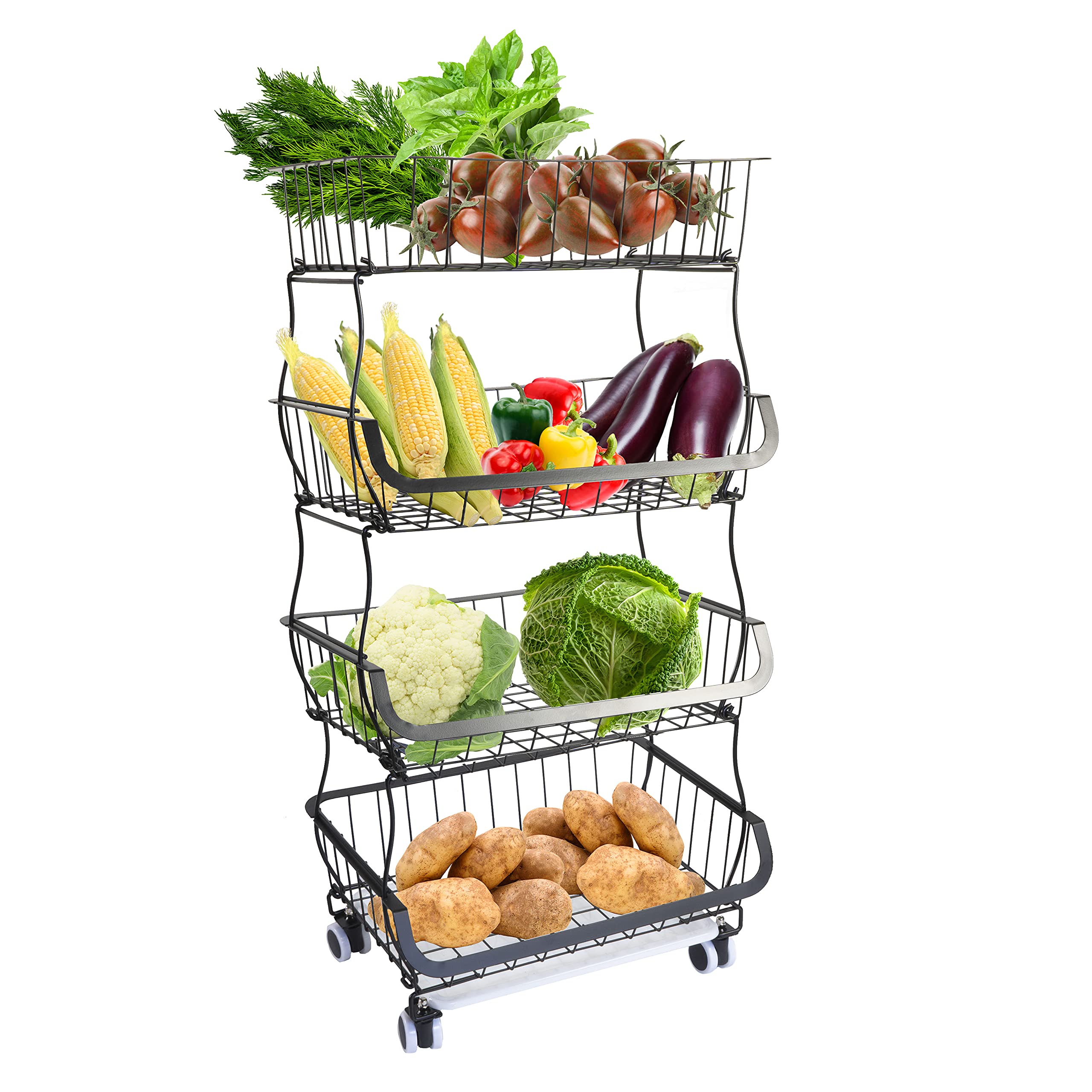 Stainless Steel Rolling Stackable Wire Baskets - 4 Tier Metal Storage Organizer with Wheels for Kitchen Pantry, Bathroom & Office | Perfect for Snacks, Toiletries & Office Supplies Organization