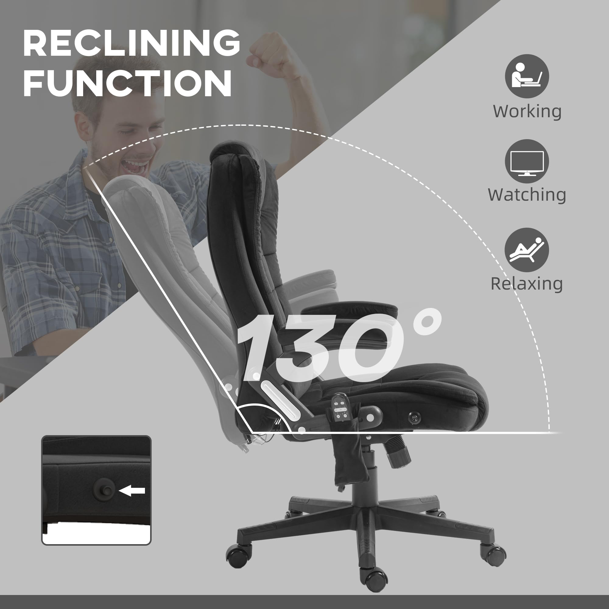 HOMCOM 6-Point Vibrating Massage Office Chair with Heating - High Back Executive Chair with Reclining Function, Padded Armrests & Remote Control - Velvet Upholstered Ergonomic Desk Chair for Home Office, Gaming & Relaxation - Black