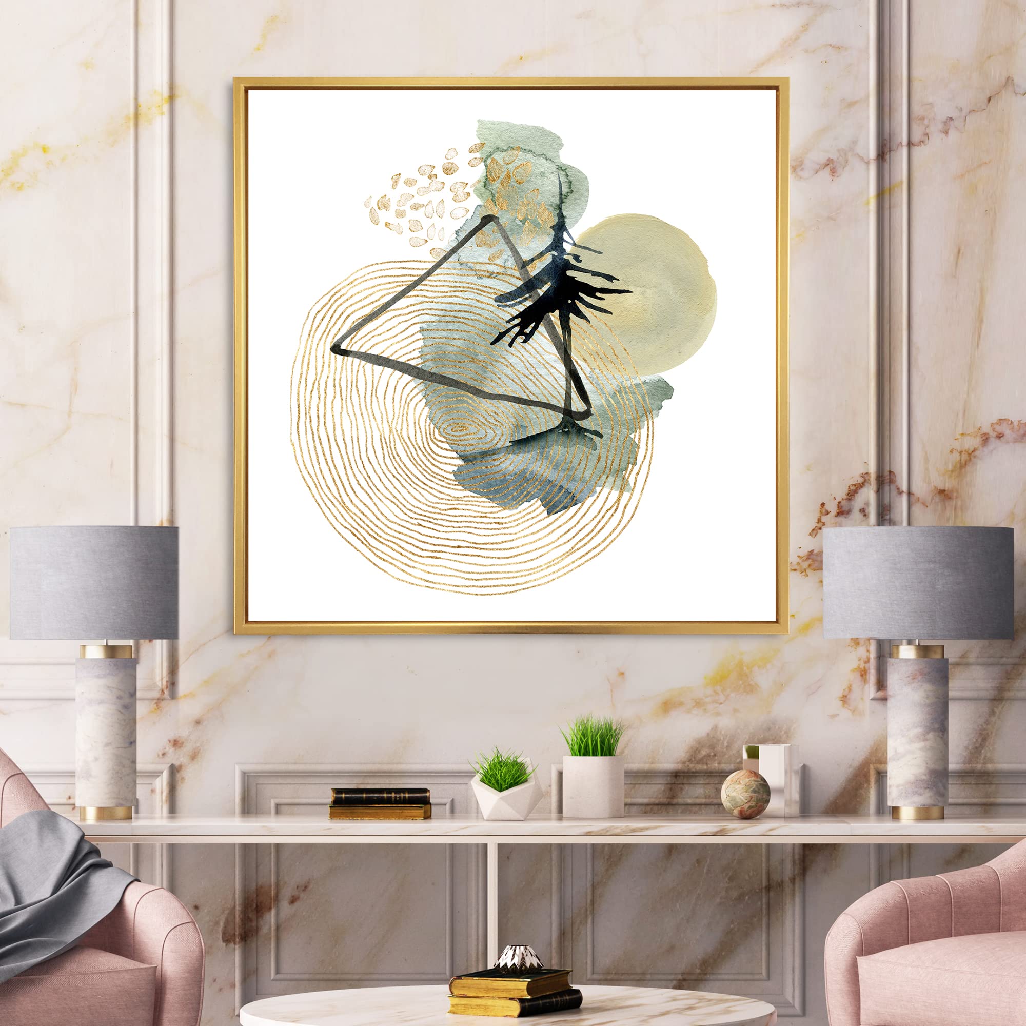 Abstract Landscape of Mountains Moon and Tree - Mid-Century Modern Framed Canvas Wall Art Print for Living Room, Bedroom & Office Decor