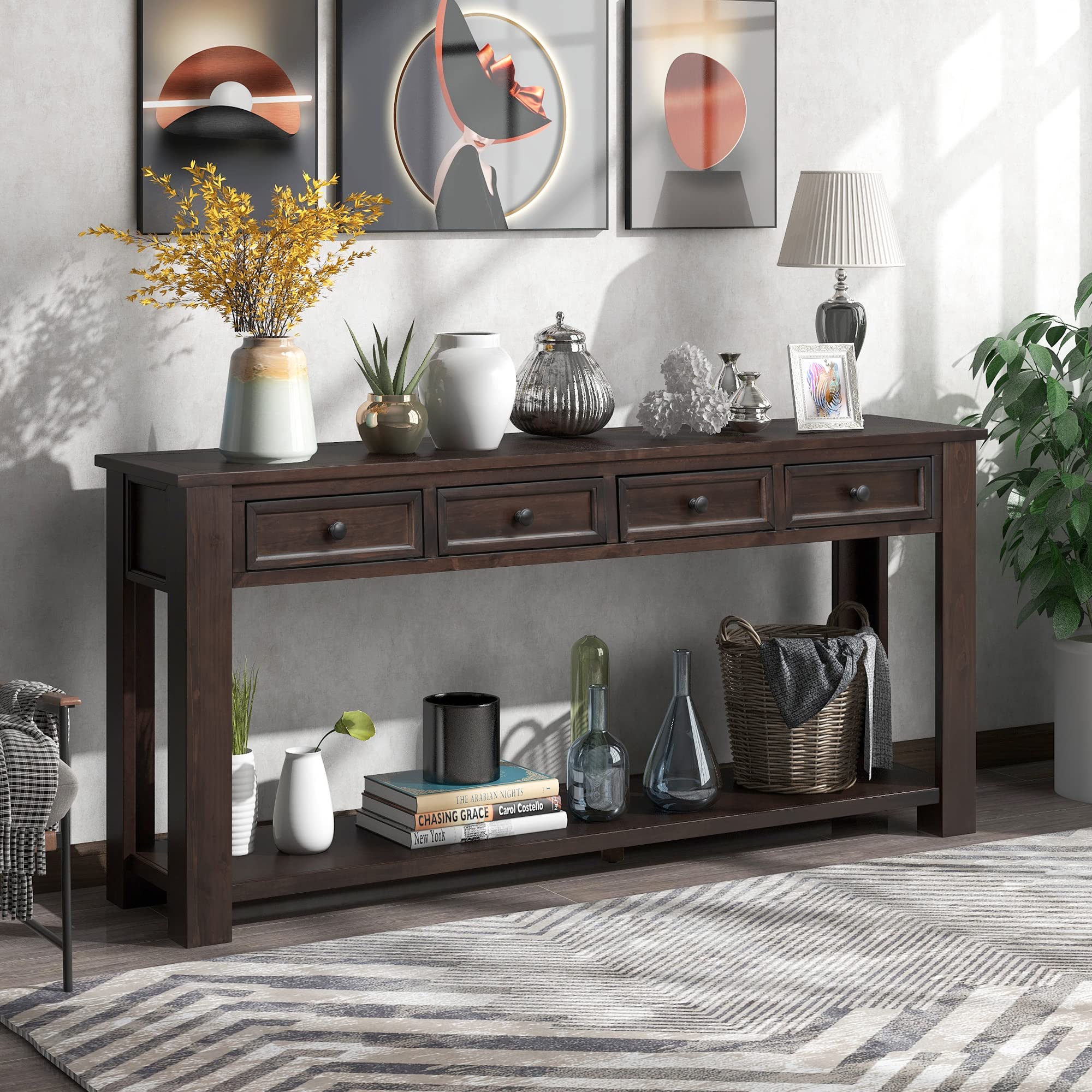 Modern Solid Wood Console Table with 3 Drawers & Shelf - Sturdy Entryway Sofa Table for Living Room, Bedroom, Hallway - Multifunctional Side Table (Espresso-2) - Perfect for Home Decor, Small Space Organization & Entryway Storage Solutions