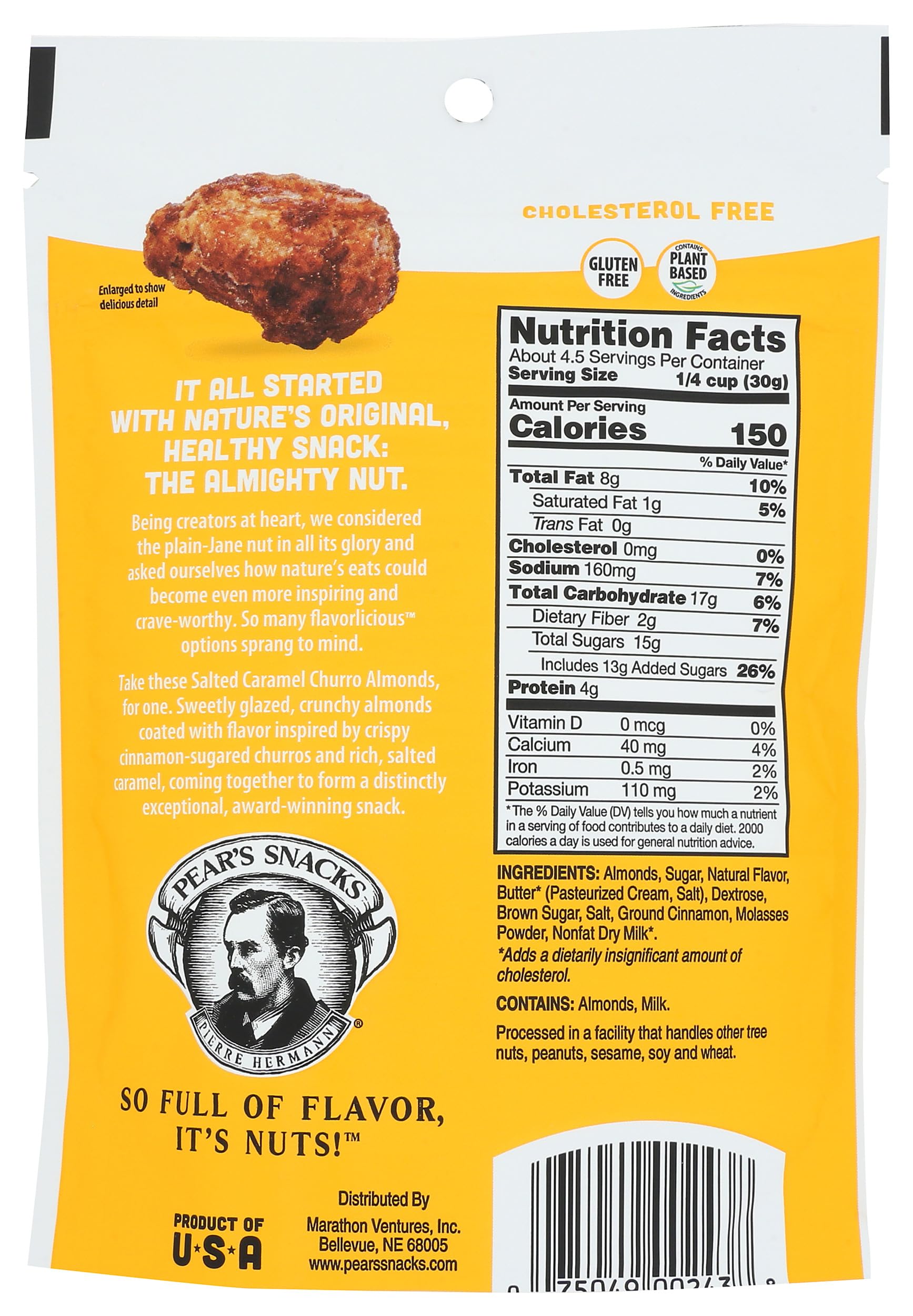 Pear's Snacks Salted Caramel Churro Inspired Almonds, 4.5 oz - Crunchy Gourmet Almonds for Healthy Snacking, Parties & On-the-Go Energy Boost