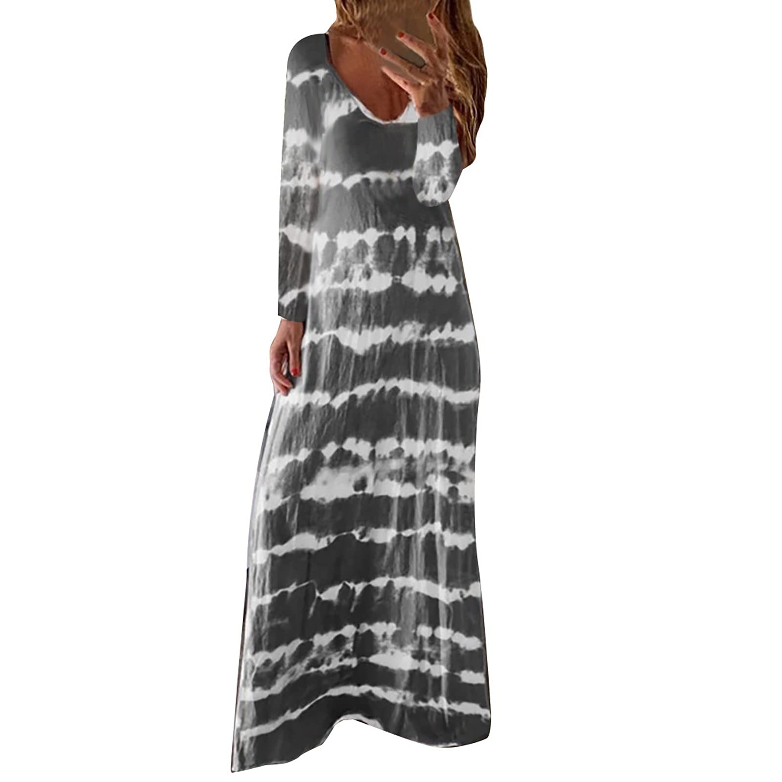 HAOREEKZ Women's Maxi Dresses - Fashionable Fall Long Sleeve Dress with Loose Round Neck & Tie Dye Pattern | Slim Fit Boho Style for Casual Wear, Beach Vacation & Date Nights