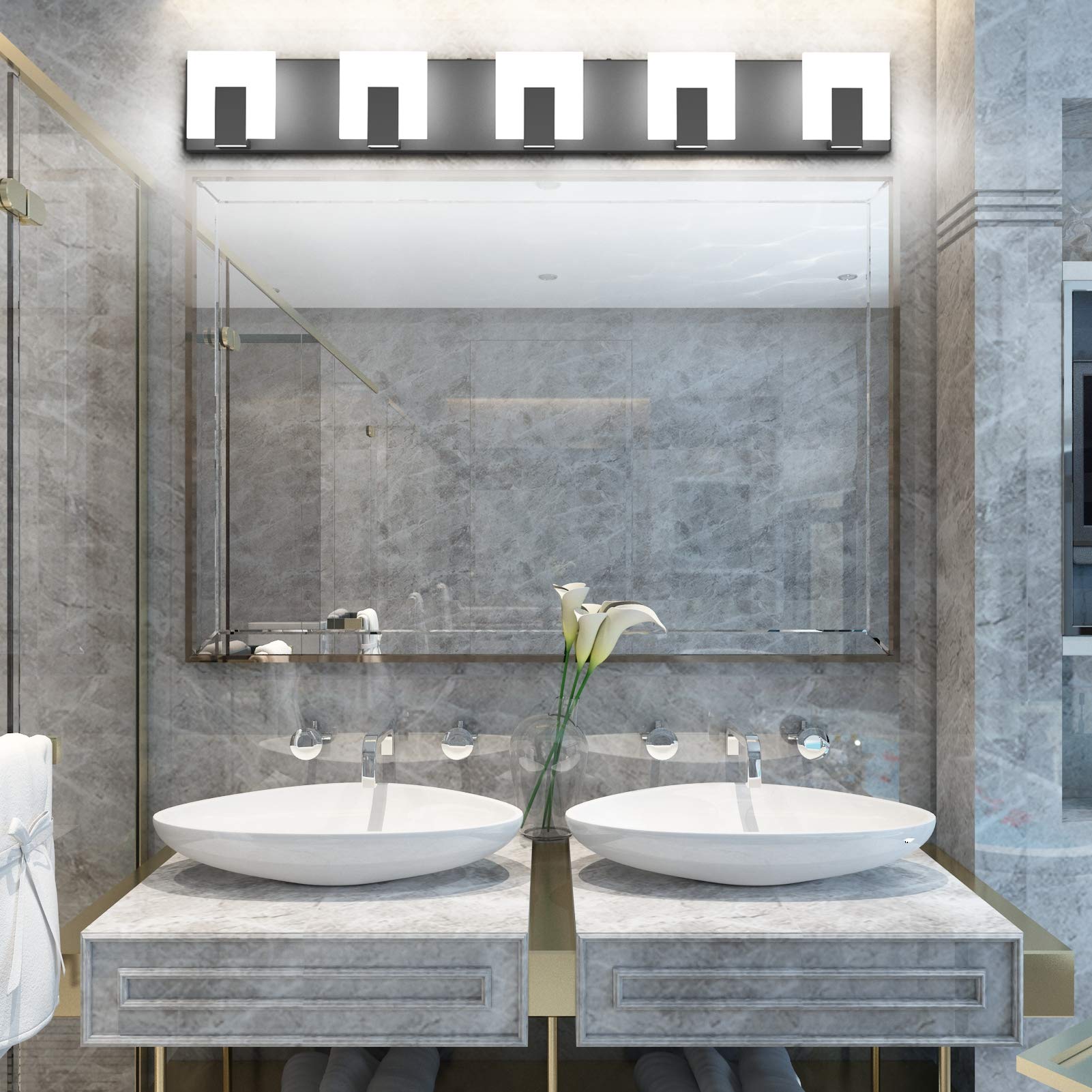 Aipsun 5-Light Modern Black Vanity Light Fixture - Up & Down LED Bathroom Wall Light for Mirror (6000K Cool White) - Perfect for Bathroom, Dressing Room & Makeup Area Lighting