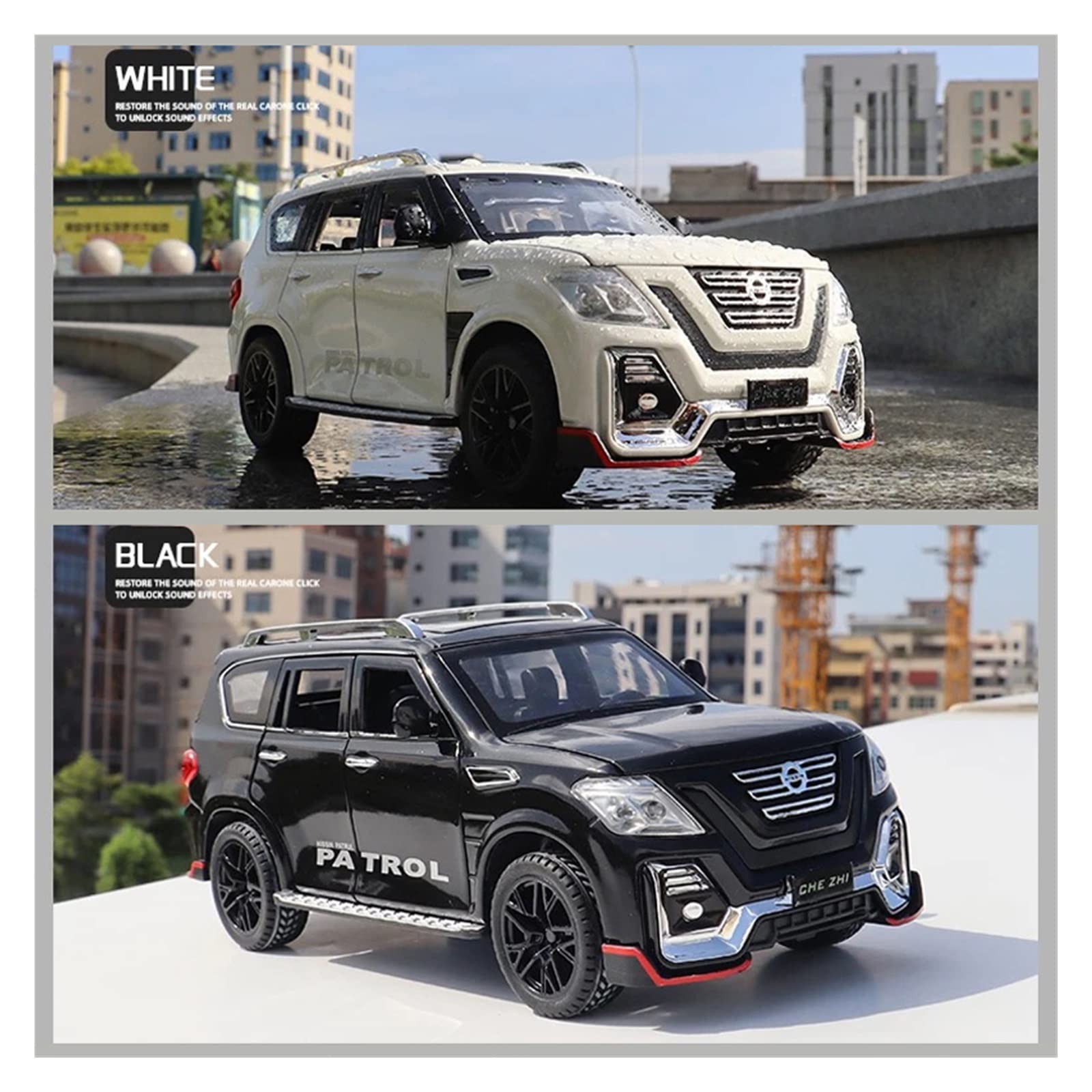 Nissan Patrol 1:24 Alloy Diecast Car Model with Light & Sound Effects - Black Toy Car for Collectors, Kids Gift, and Home Display