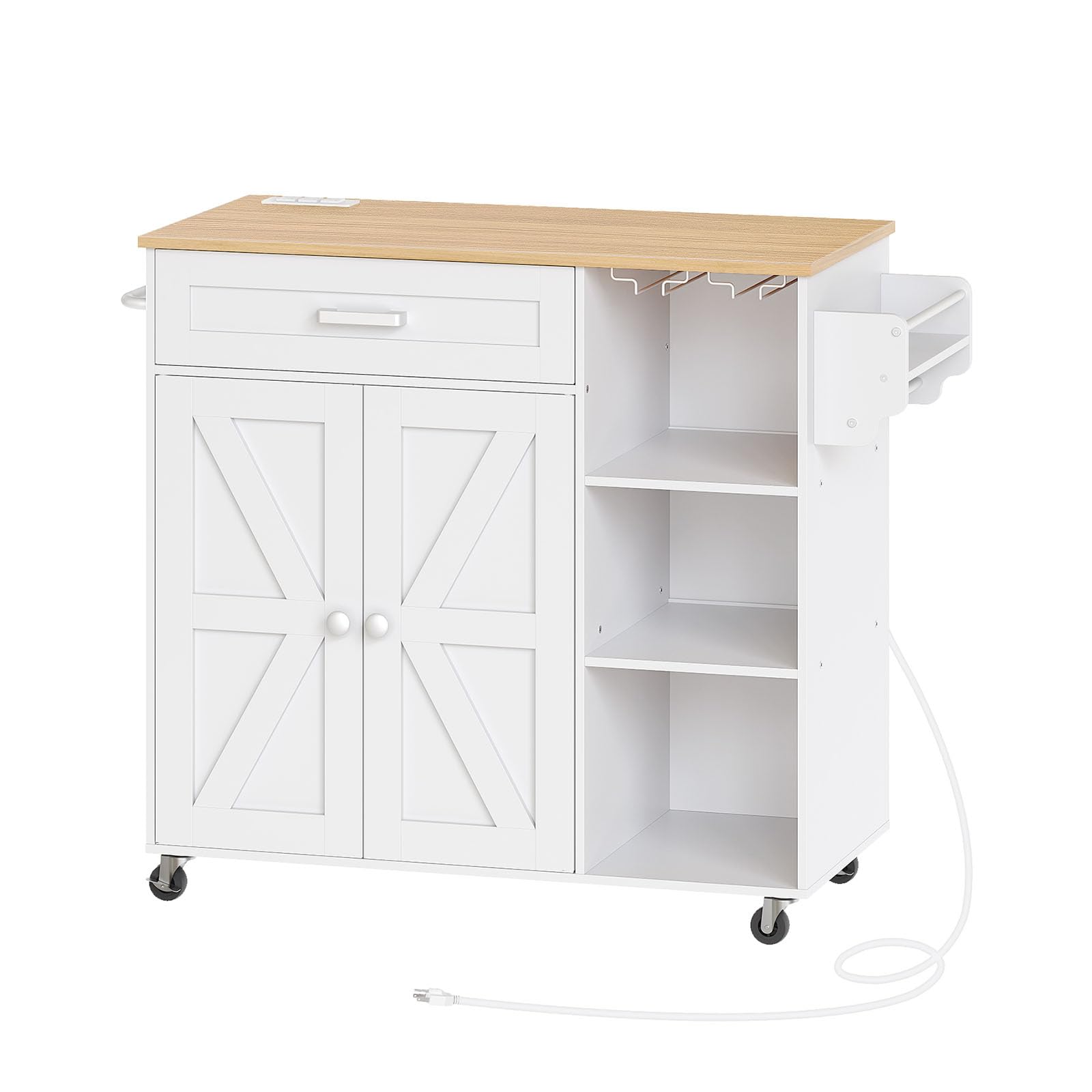 **White & Natural Kitchen Island Cart with Storage, 3 AC Outlets, Spice Rack & Wheels – Mobile Kitchen Workstation for Small Spaces, Dining Prep & Extra Counter Space**