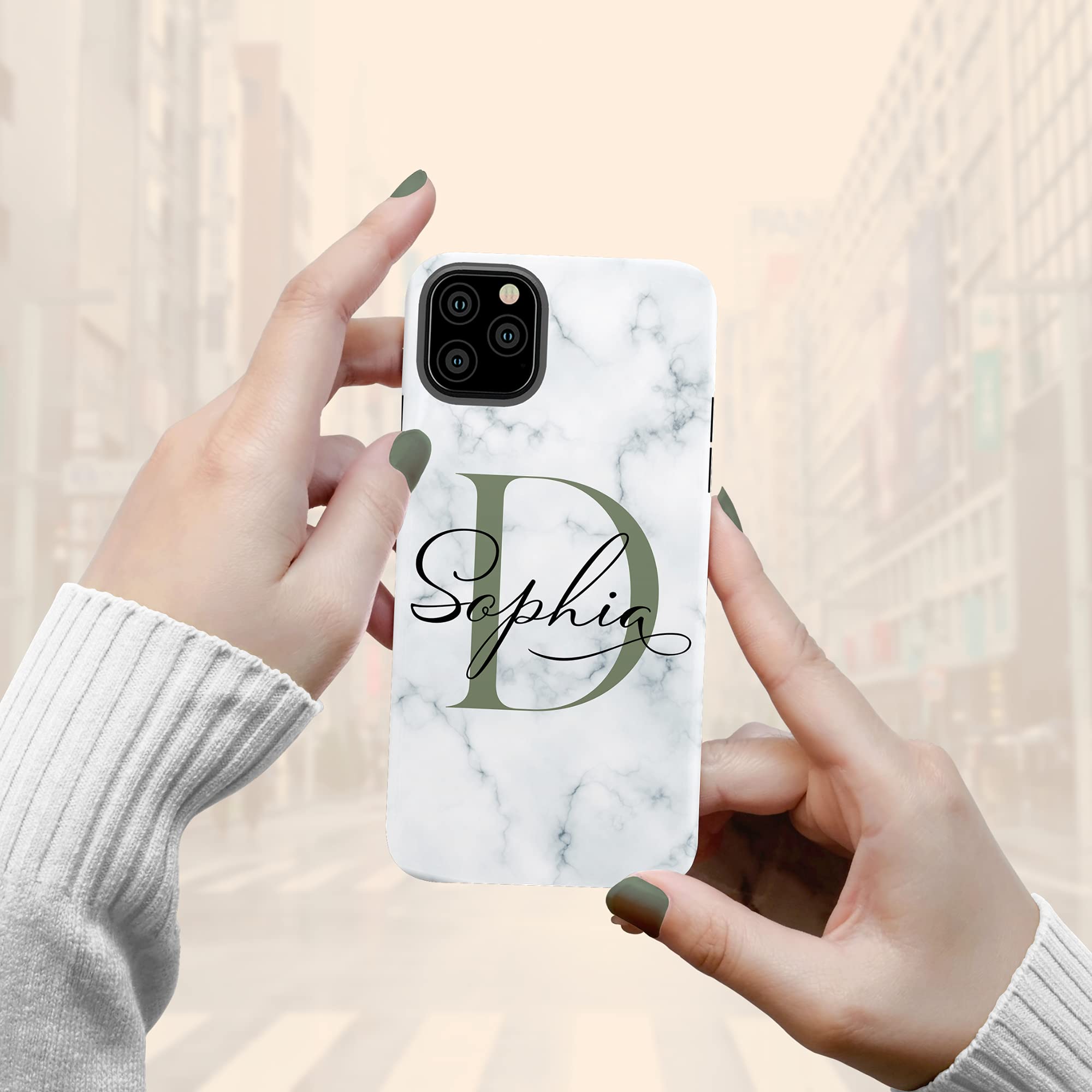 Personalized White Marble Monogram Phone Case - Custom Initial Name Engraved Cover for iPhone 16 Plus/15 Pro Max/14/13 Mini/12/11/X/XS Max/XR/7/8 - Elegant Protection for Work, Travel & Daily Use