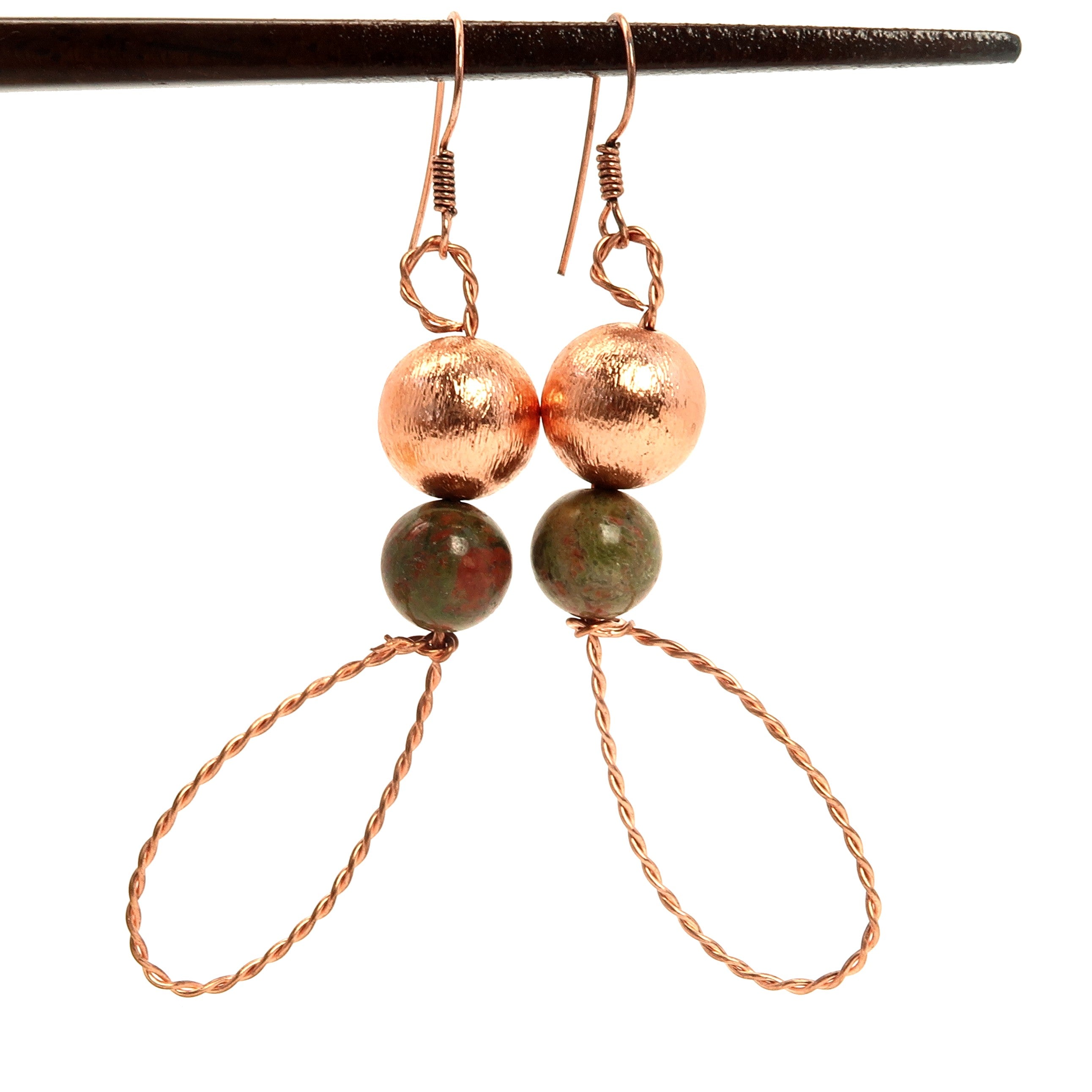 Unakite Stone Earrings with Copper Loops - Handmade Designer Statement Jewelry for Women | Perfect for Gifts, Boho Fashion & Spiritual Healing